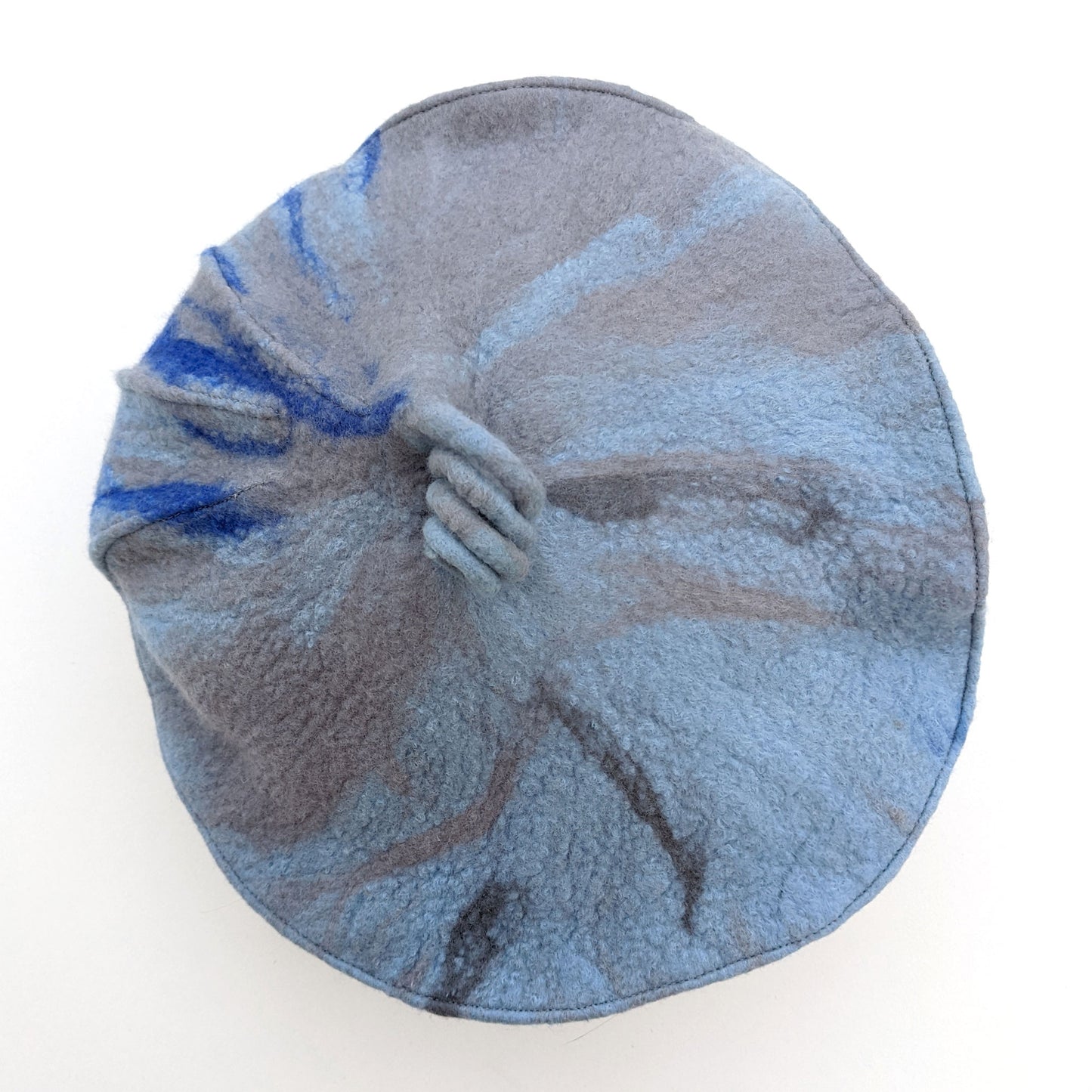 Pale Gray Blue Curlicue Beret with Royal Blue Marbling - topview