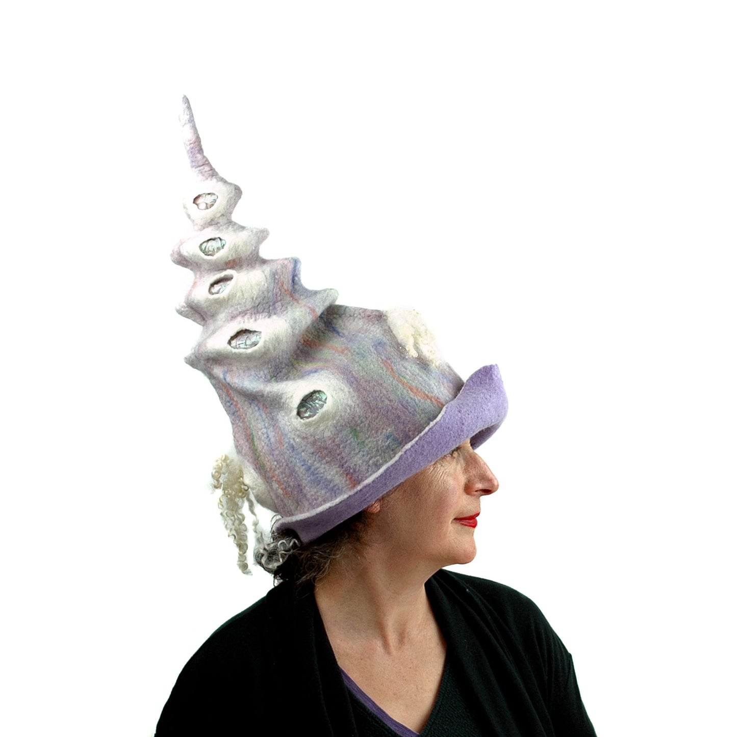 Pale Purple, Pastel Colored, Felted Unicorn Hat - side view