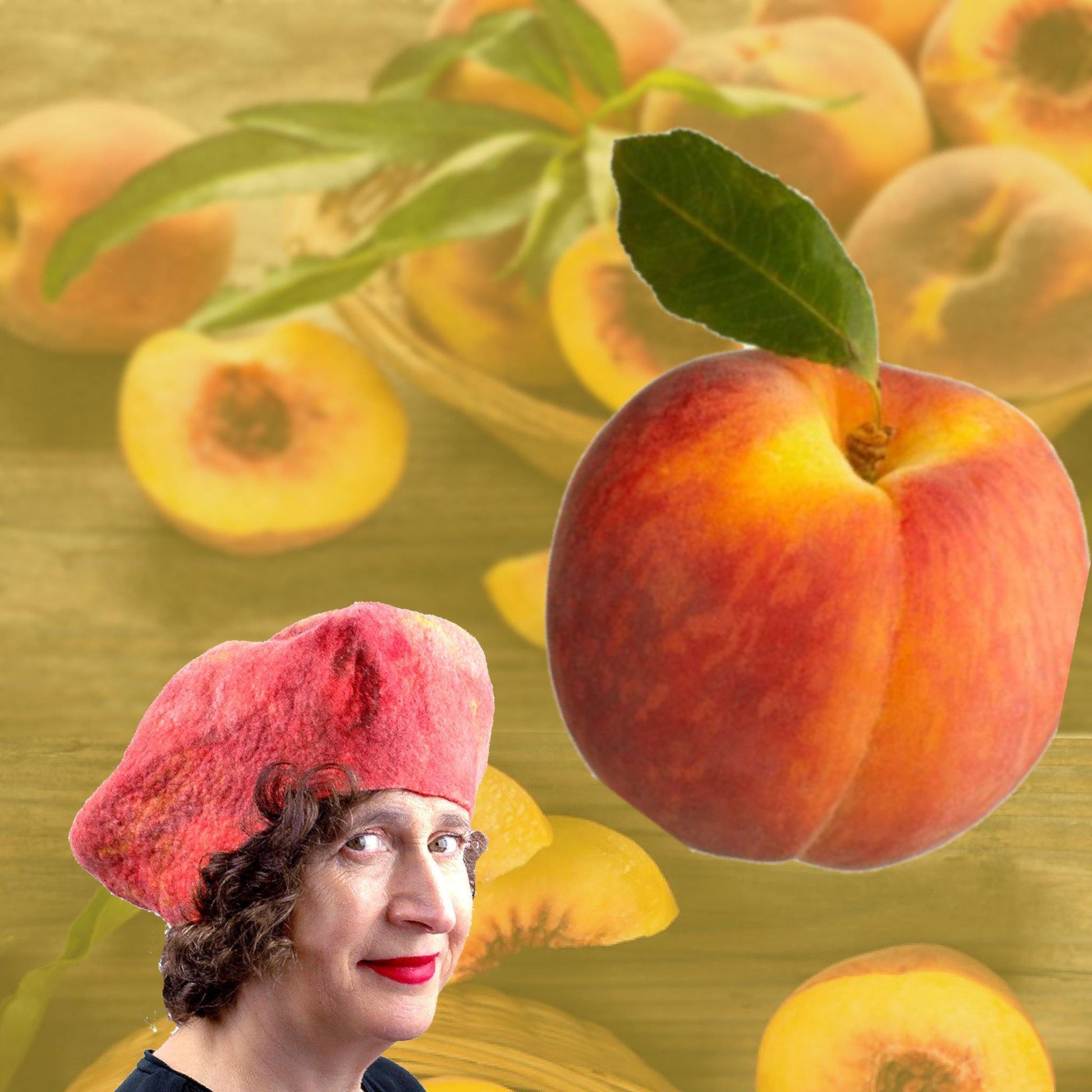 Peach Hat in digital collage with a bowl of fuzzy peaches.