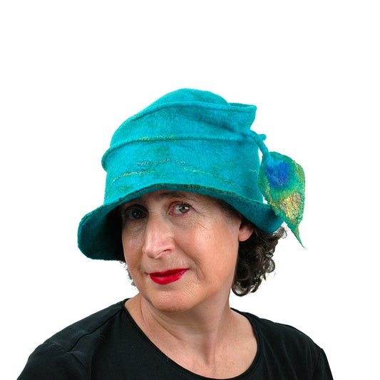 Peacock Inspired Fedora in Turquoise Blue - front view