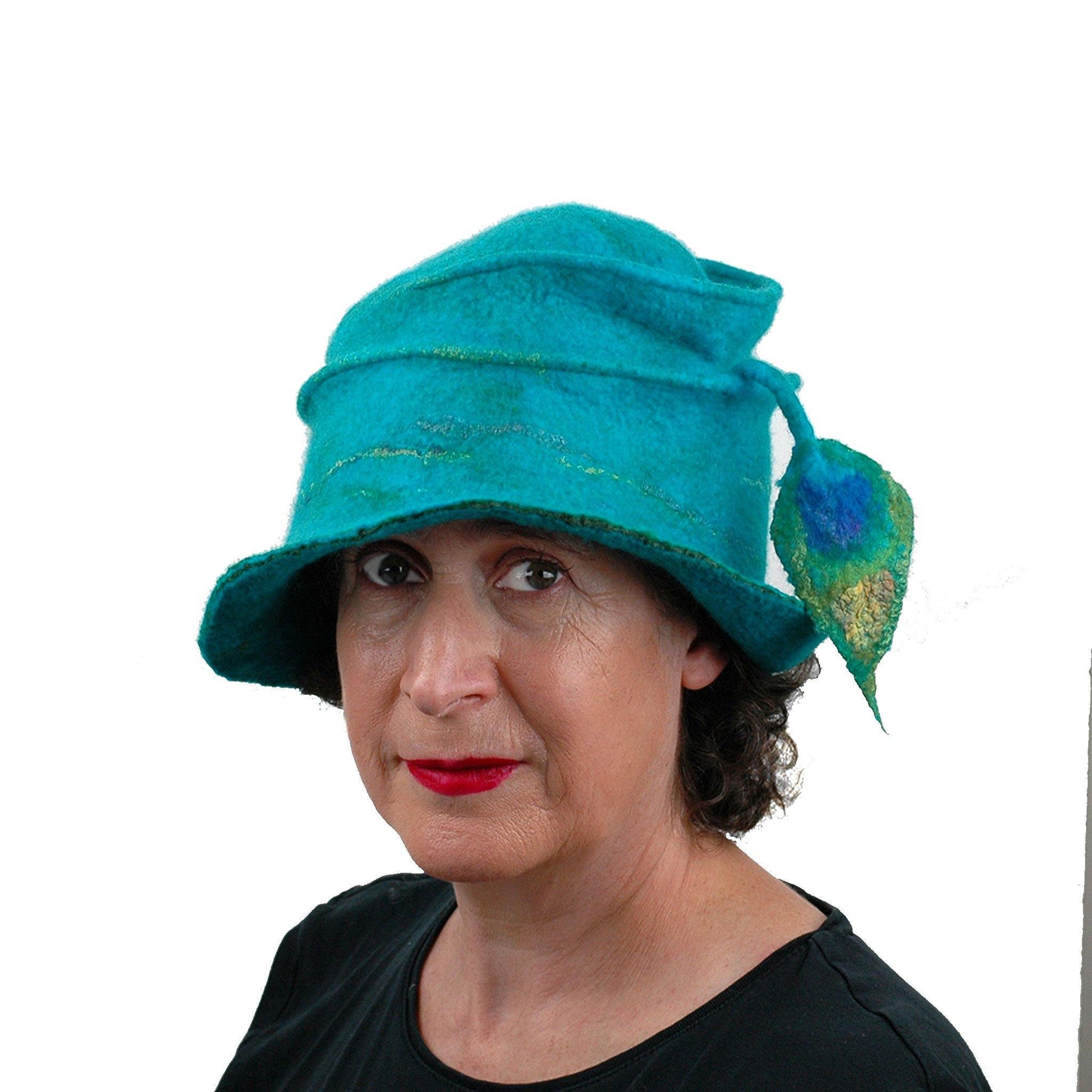 Peacock Inspired Fedora in Turquoise Blue - three quarters view