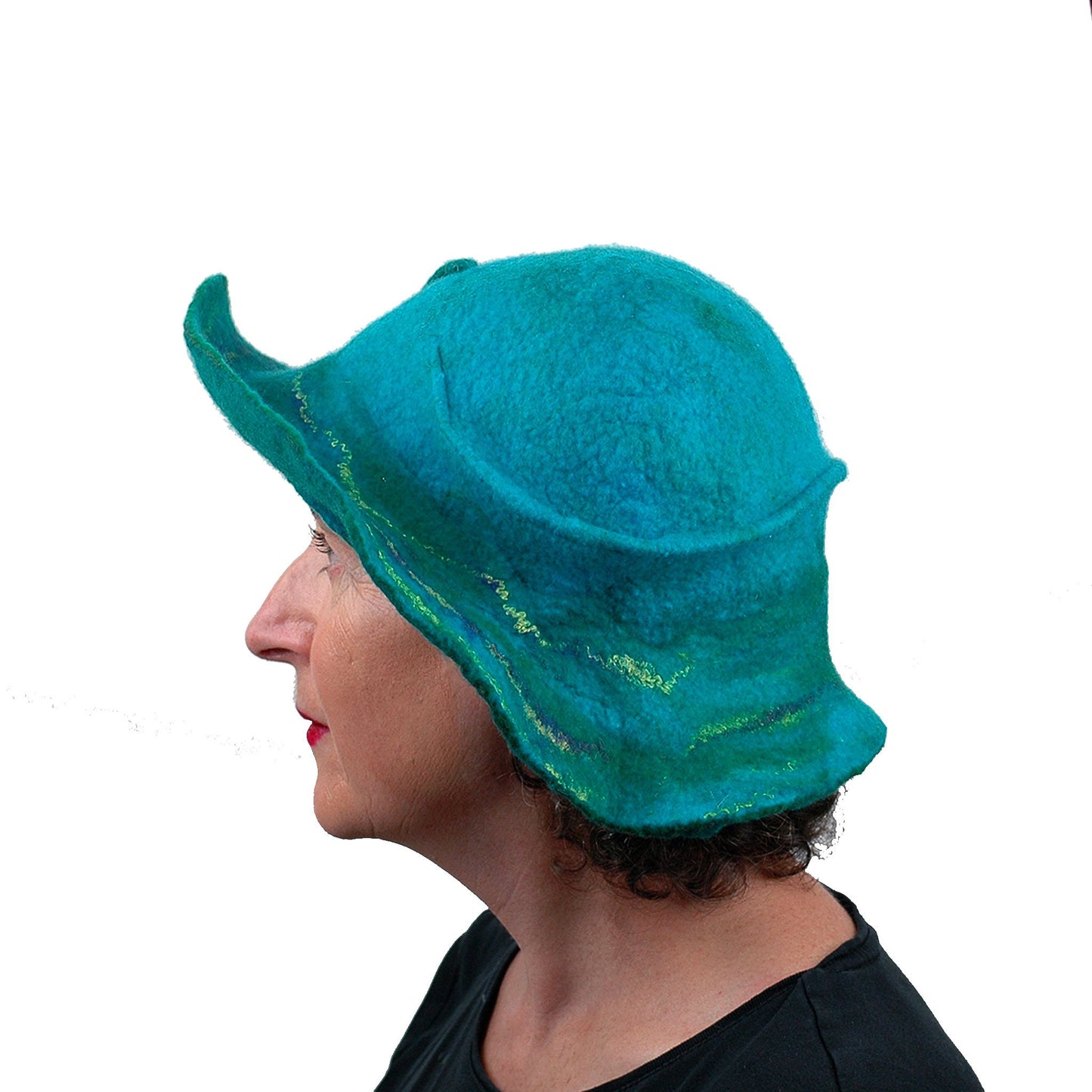 Peacock Inspired Fedora in Turquoise Blue - side view
