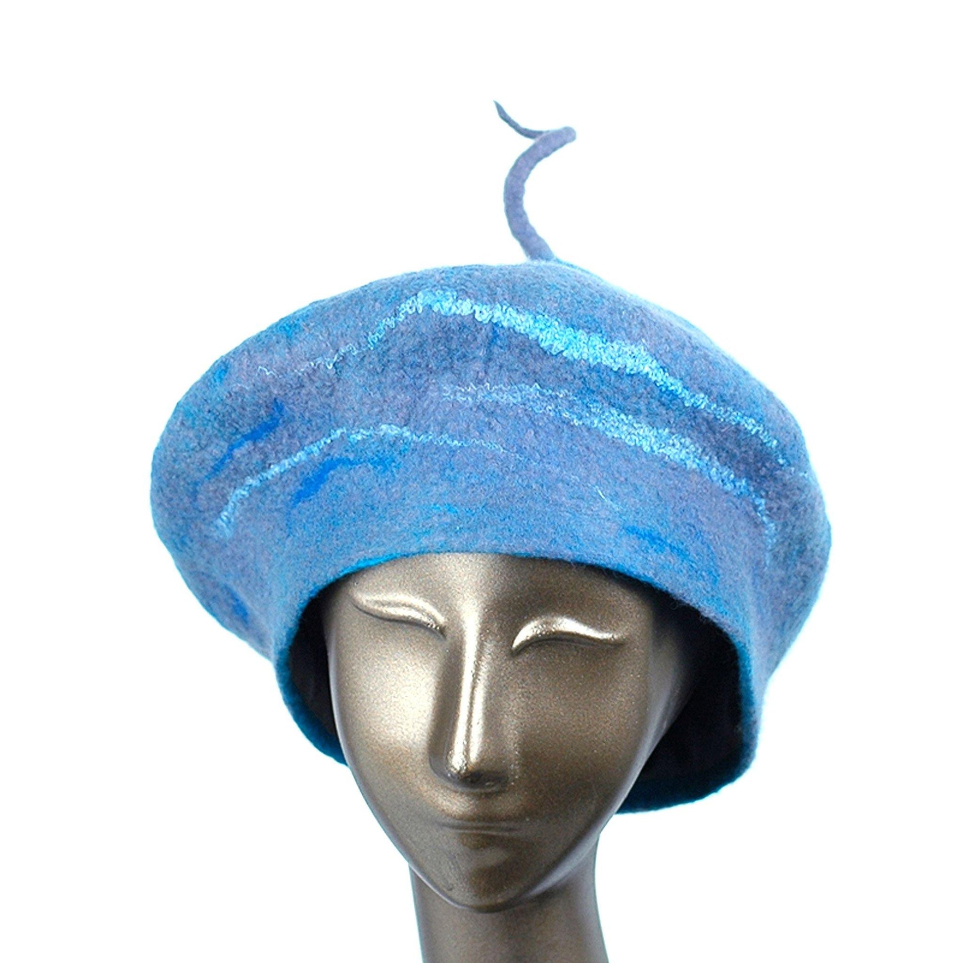 Playful Blue Gray Beret with Curlicue Stem - front view