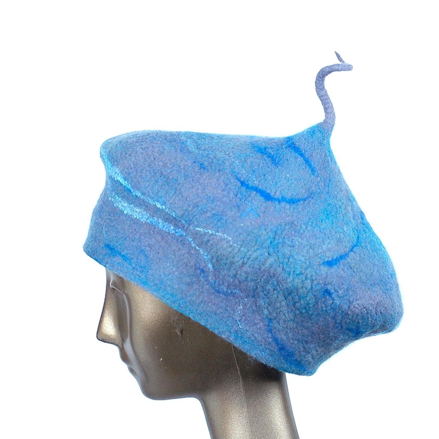 Playful Blue Gray Beret with Curlicue Stem - side view