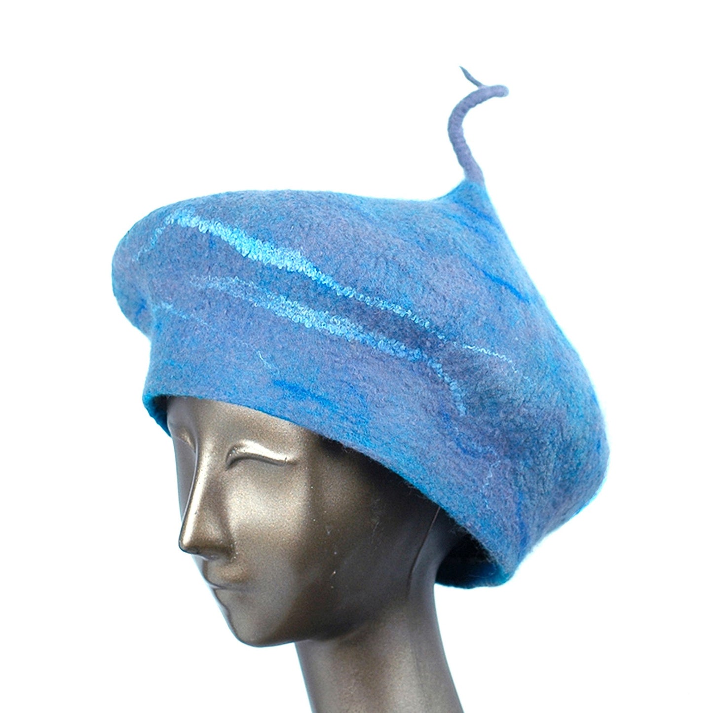 Playful Blue Gray Beret with Curlicue Stem - three quarters view