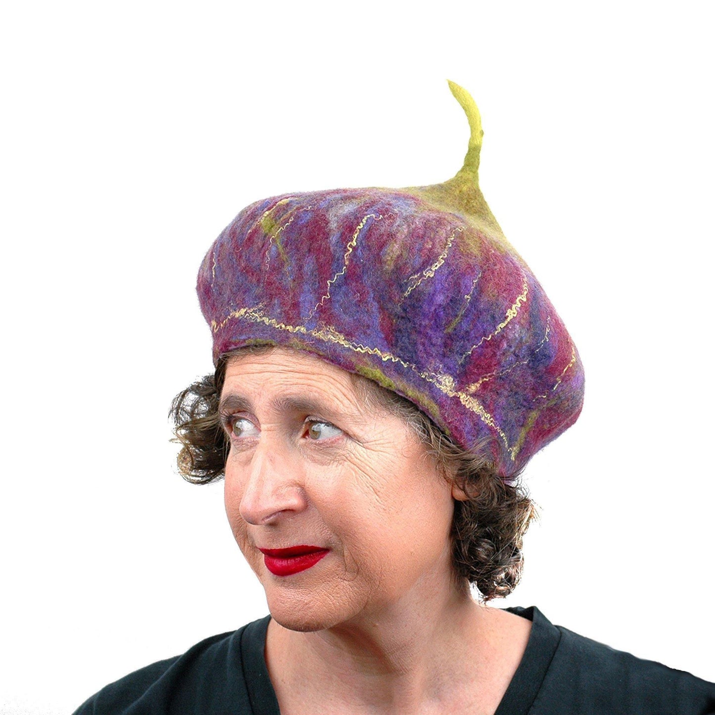 Purple and Green Felted Fig Hat - three quarters view