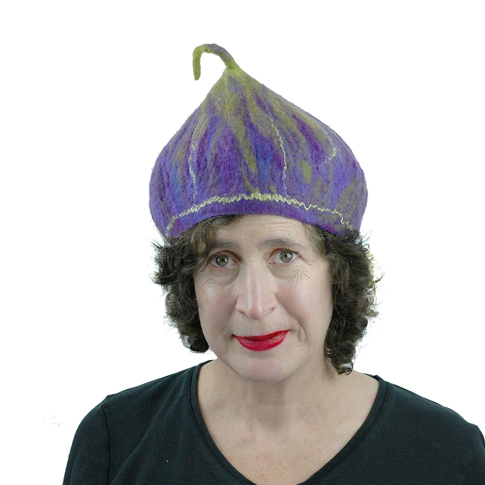 Purple and Green Fig Hat with Kewpie Stem - front view