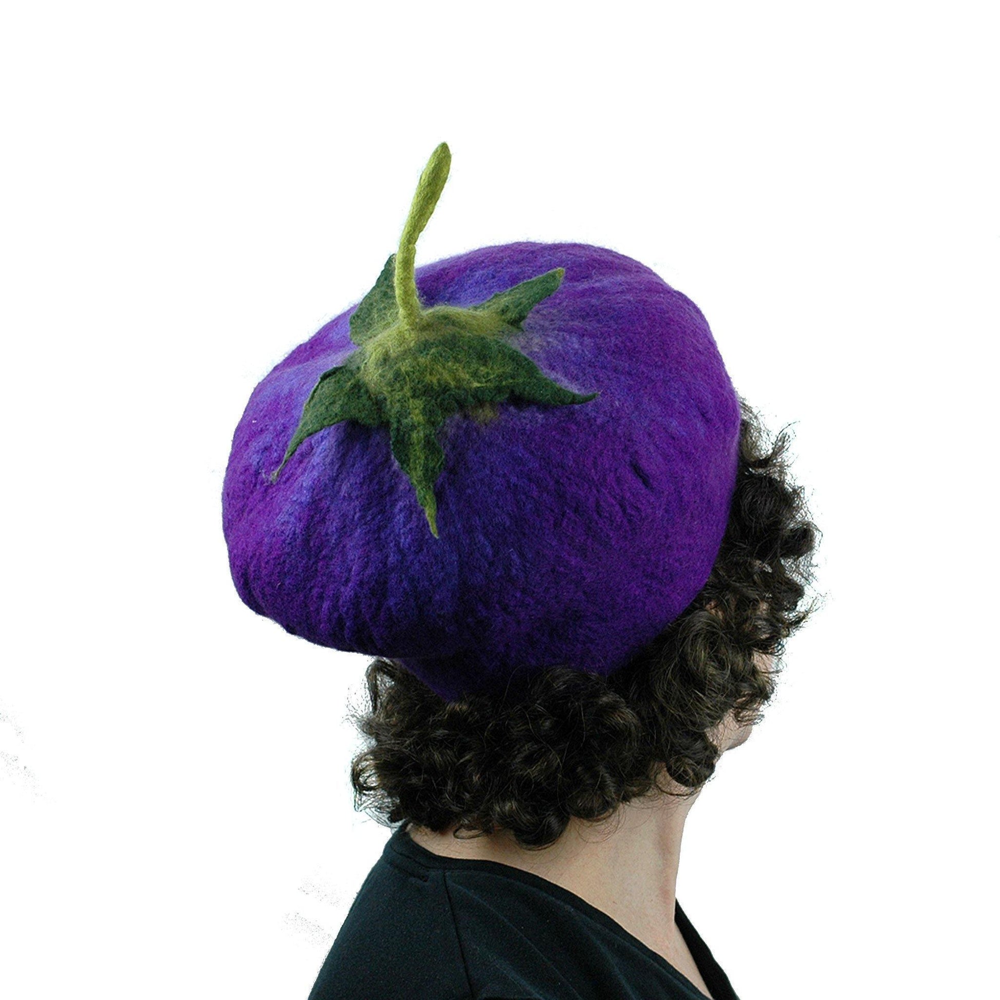 Purple Eggplant Hat with Stem - back view