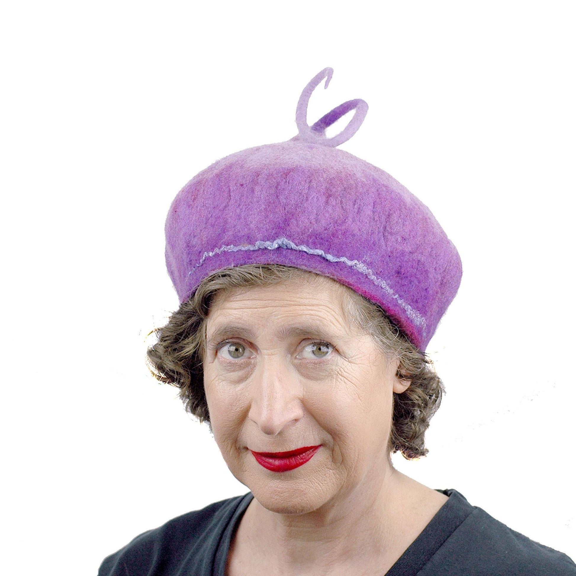 Purple Felted Beret with Curly Stem - front view