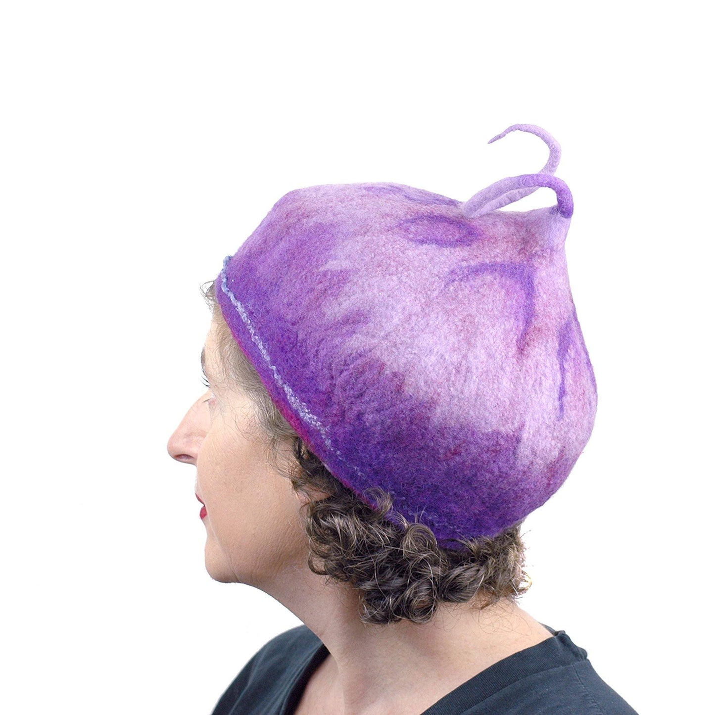Purple Felted Beret with Curly Stem - side view