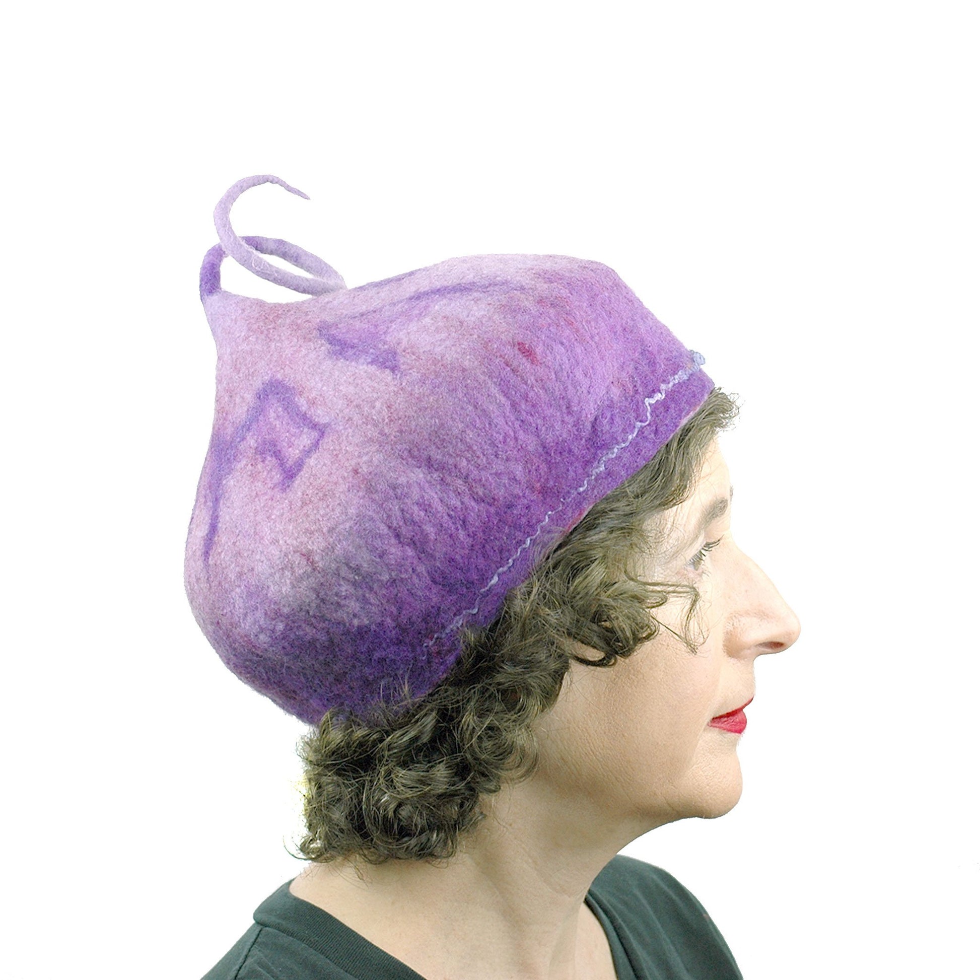 Purple Felted Beret with Curly Stem - side view