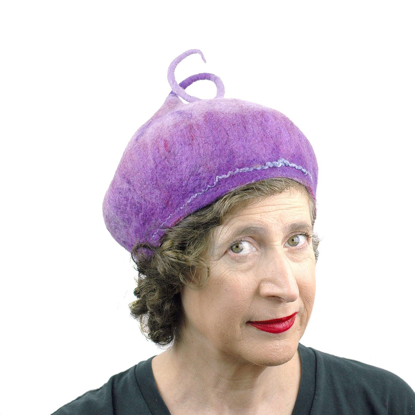 Purple Felted Beret with Curly Stem - three quarters view
