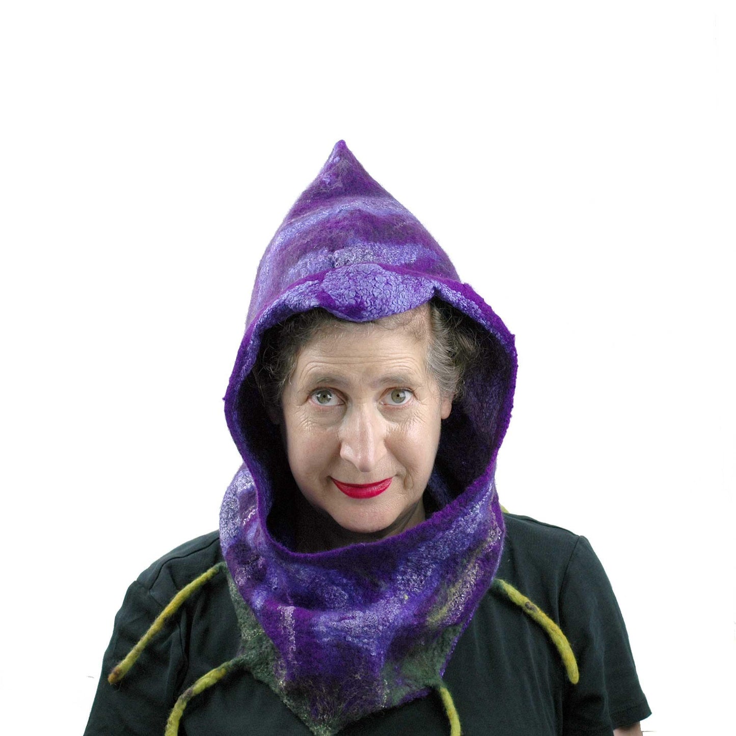 Purple Felted Fig Cowl with Peaked Hood - front view