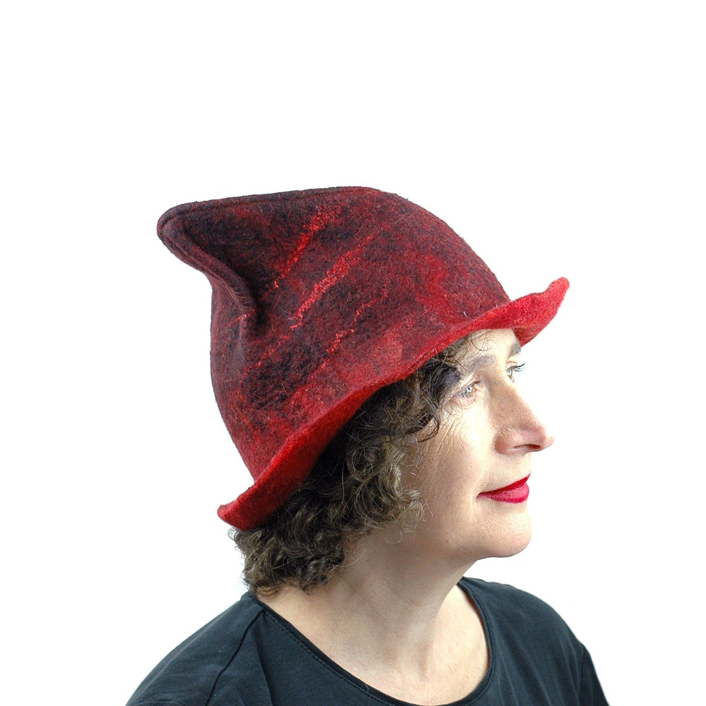 Quirky Red and Black Felted Fedora - side view