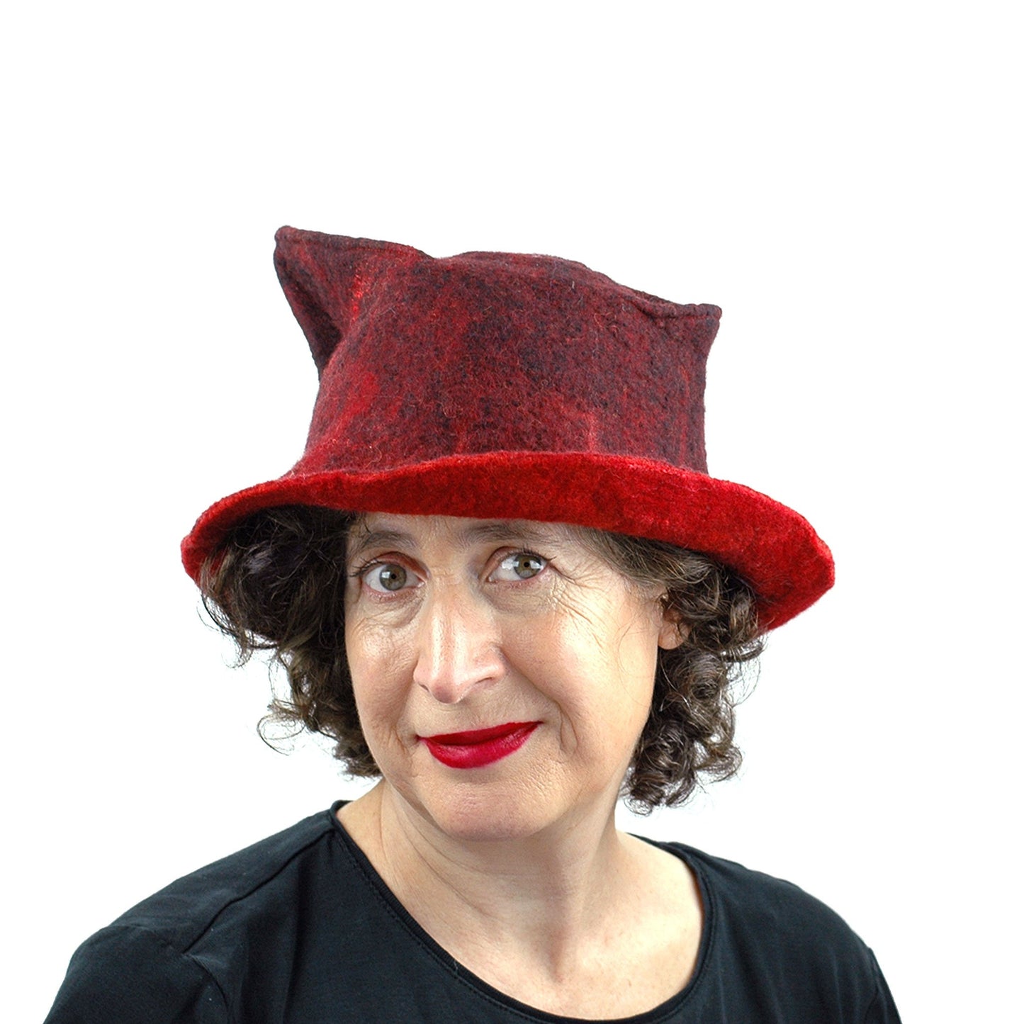 Quirky Red and Black Felted Fedora - front view