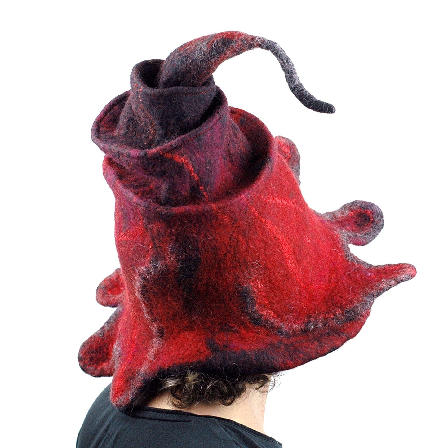 Red and Black Oak Leaf Felted Witch Hat - back view