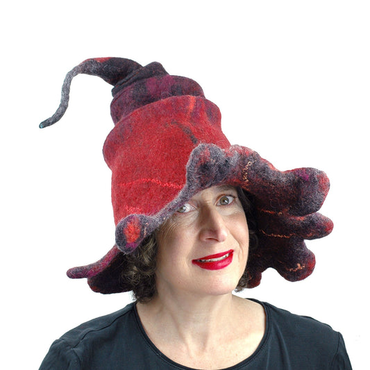 Red and Black Oak Leaf Felted Witch Hat - front view