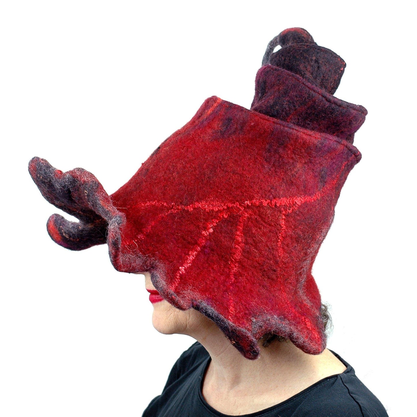 Red and Black Oak Leaf Felted Witch Hat - side view