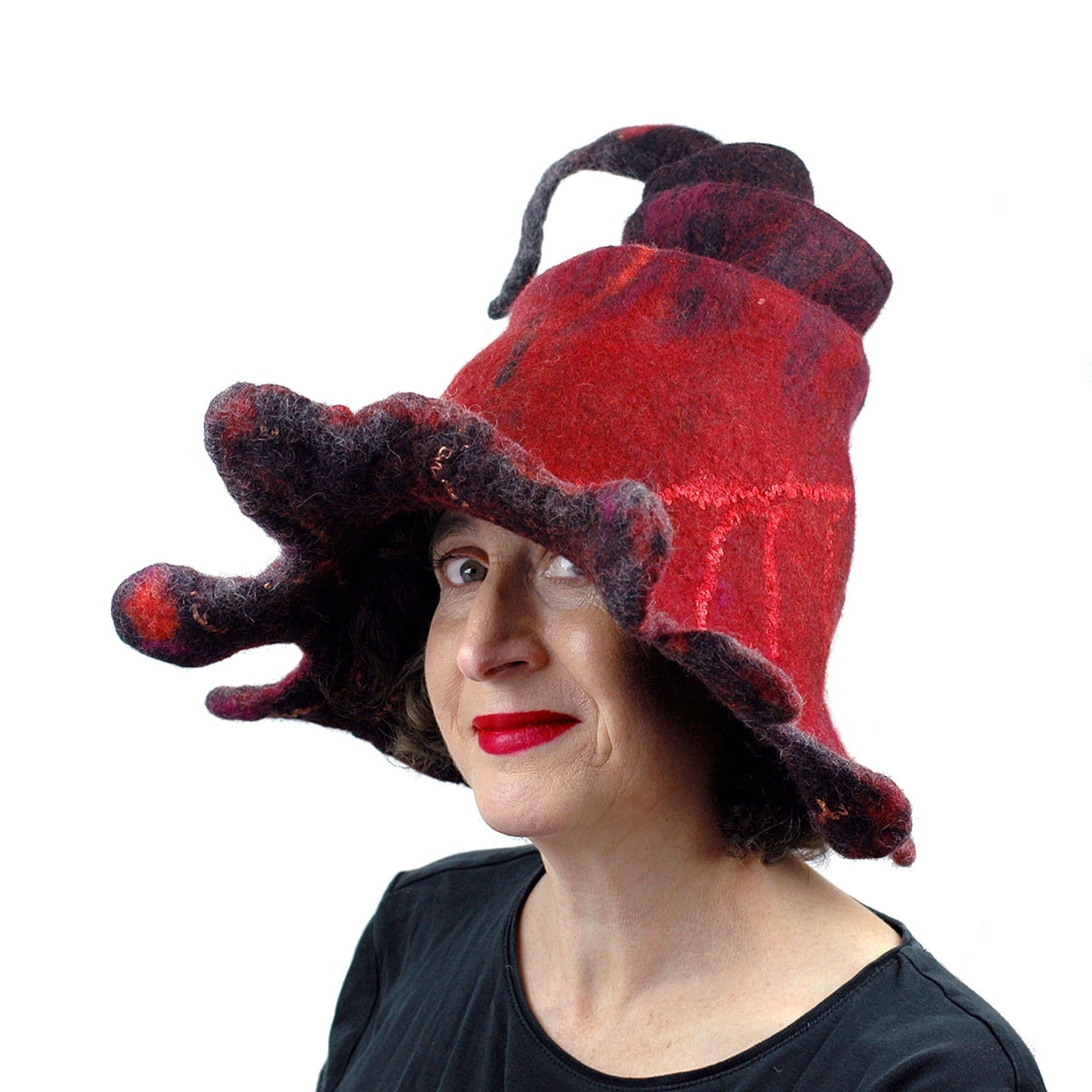 Red and Black Oak Leaf Felted Witch Hat - three quarters view