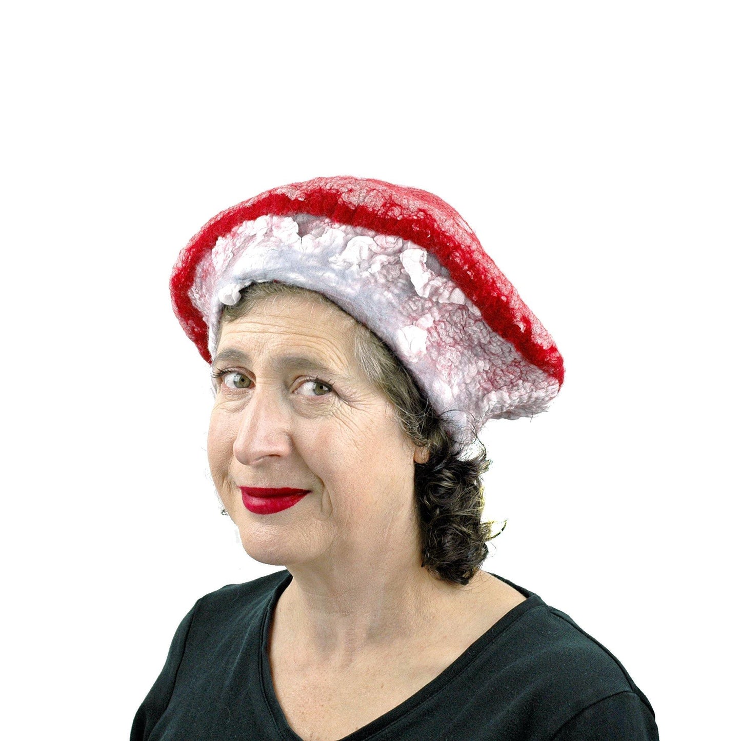 Red and White Mushroom Beret with Nunofelted Gills - threequarters view