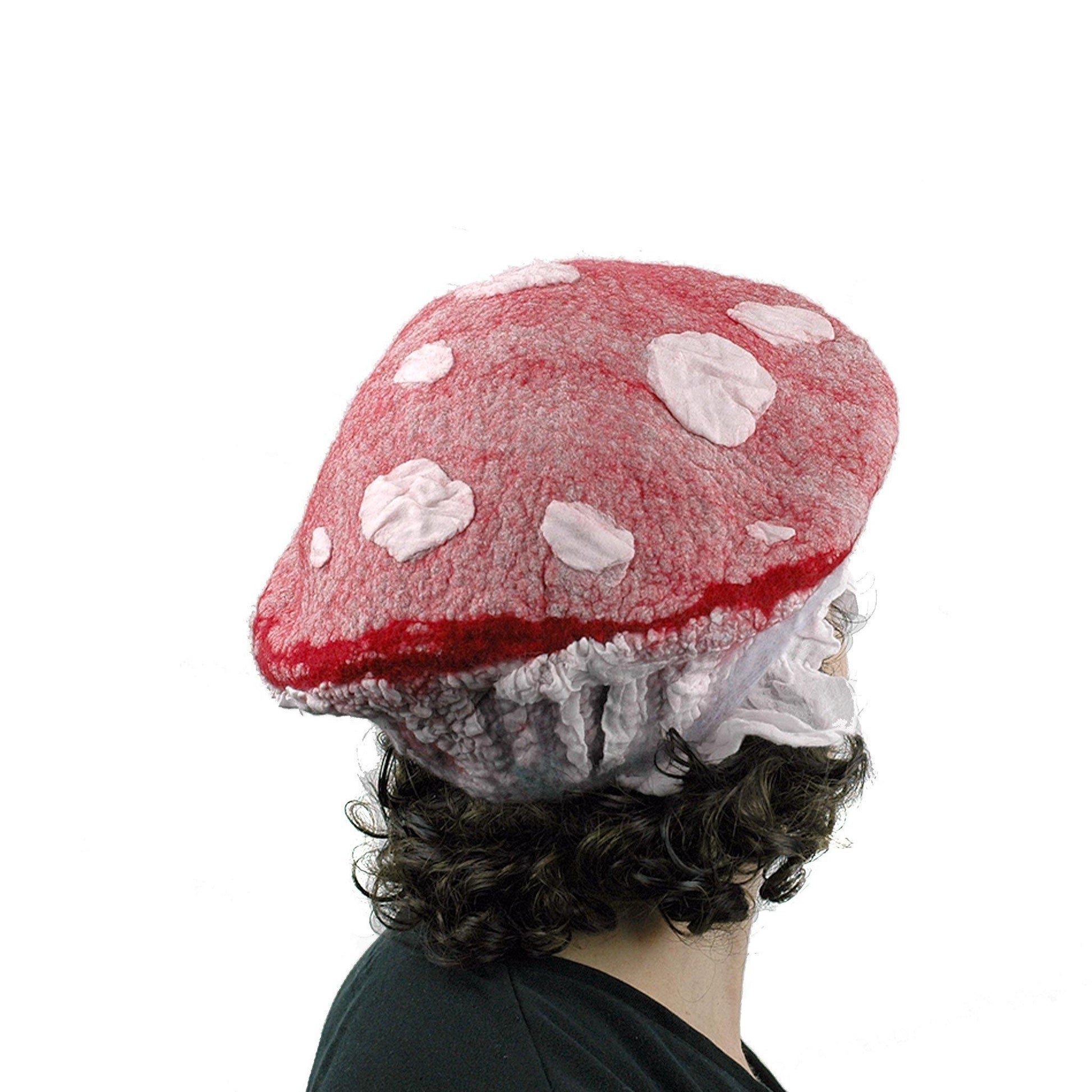 Red and White Mushroom Beret with Nunofelted Gills - back view
