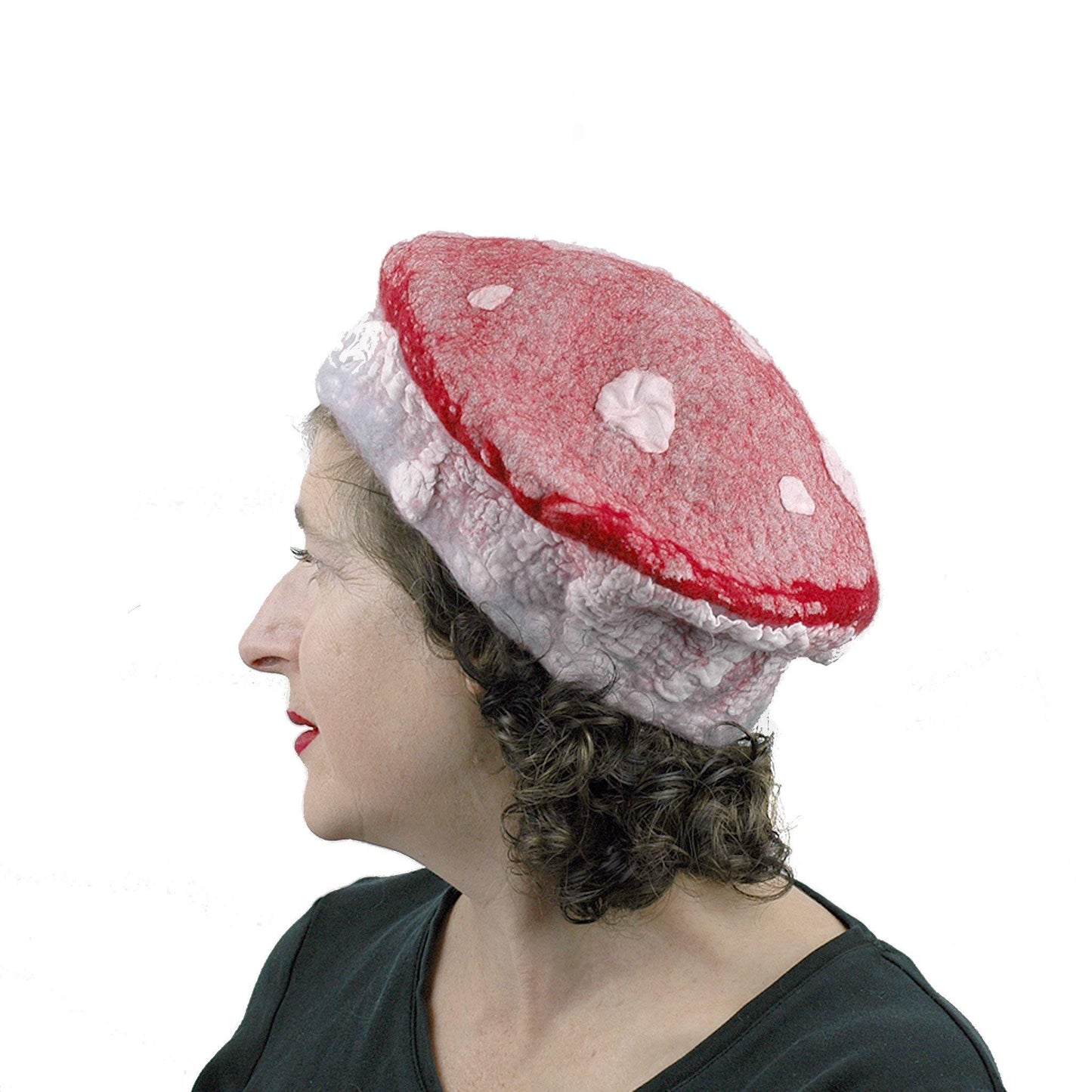 Red and White Mushroom Beret with Nunofelted Gills - side view