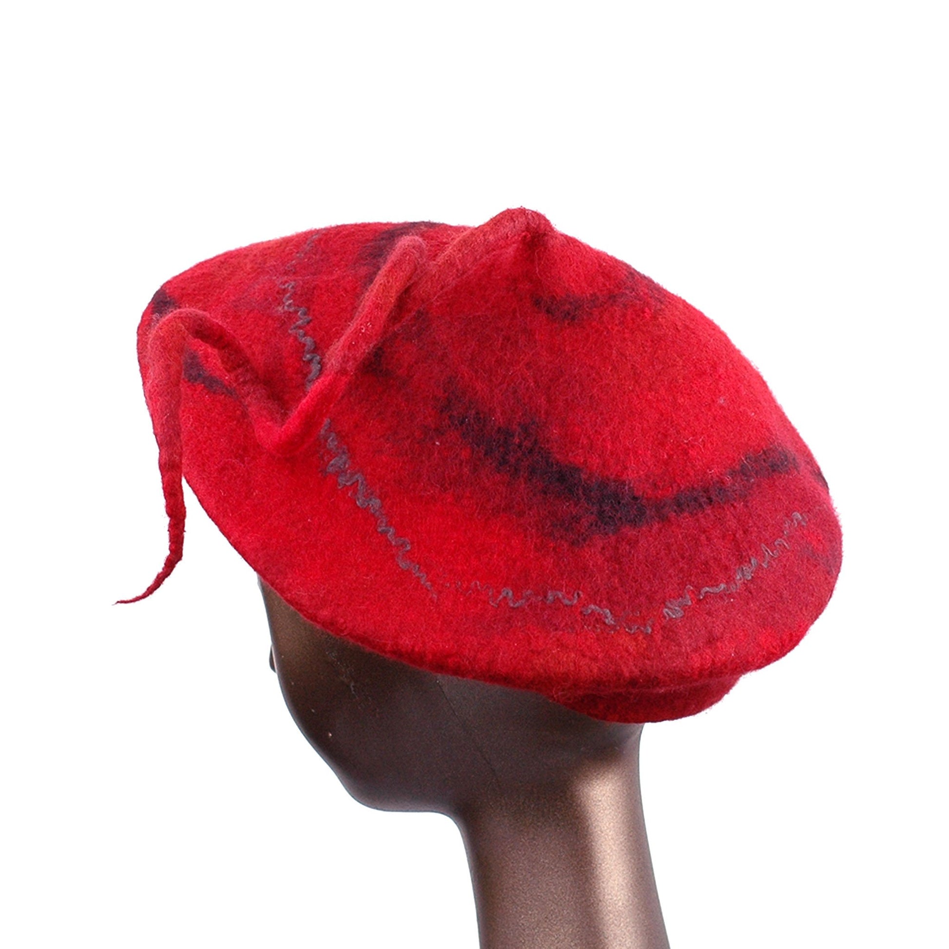 Red Beret with Black Swirl and Long Curlicue - back view