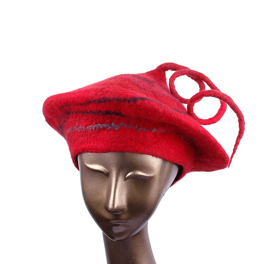 Red Beret with Black Swirl and Long Curlicue - front view