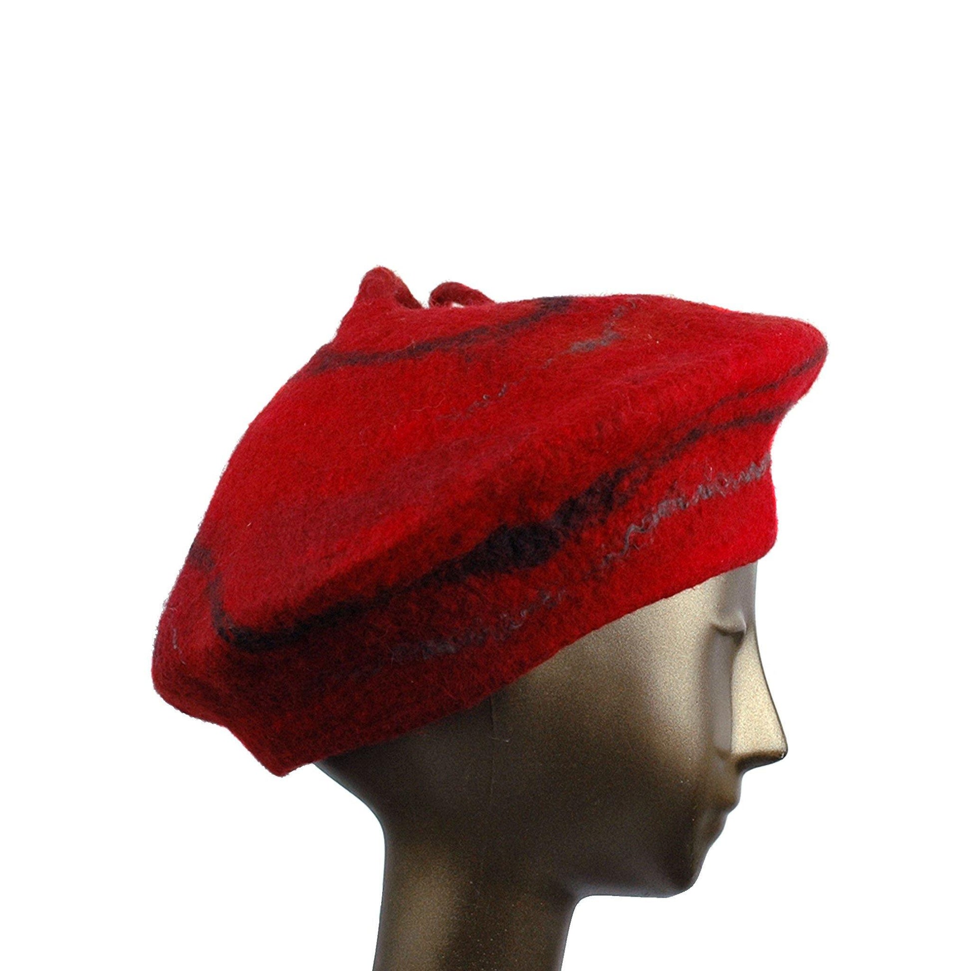 Red Beret with Black Swirl and Long Curlicue - side view