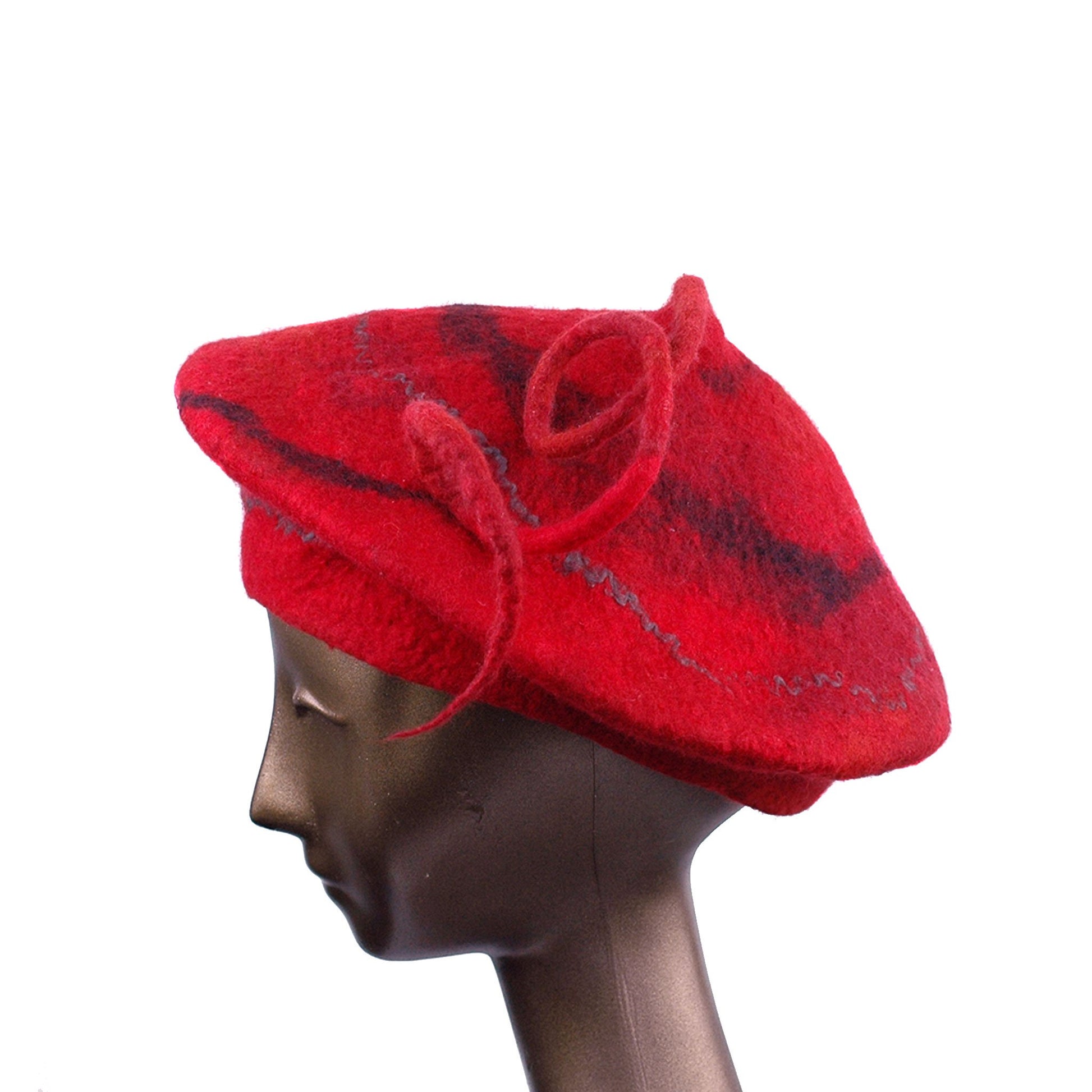 Red Beret with Black Swirl and Long Curlicue - side view