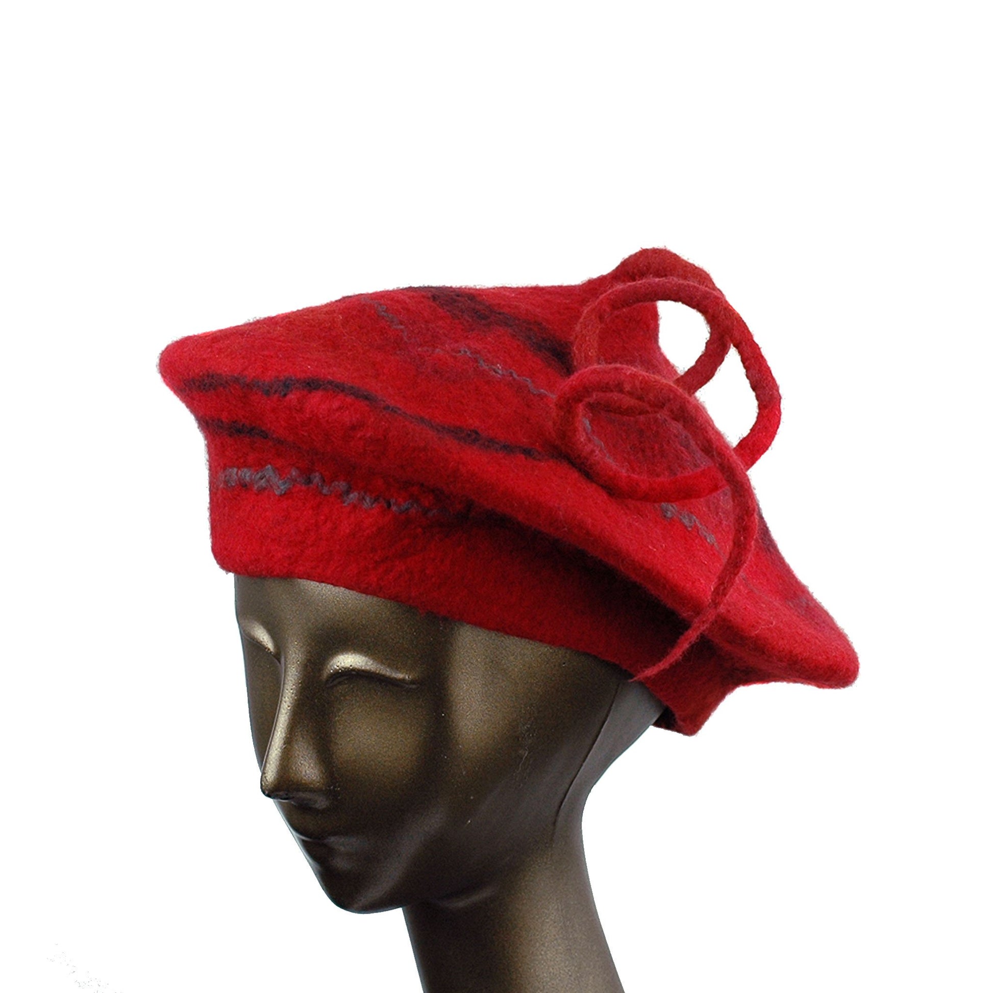 Red Beret with Black Swirl and Long Curlicue - three quarters view
