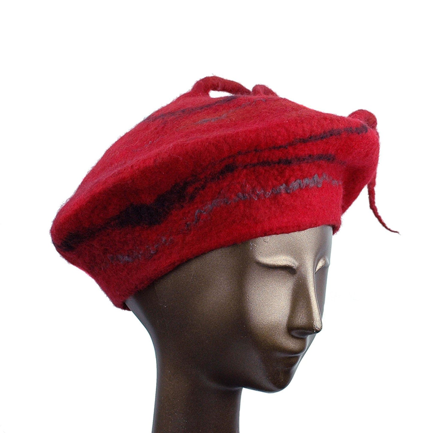 Red Beret with Black Swirl and Long Curlicue - three quarters view