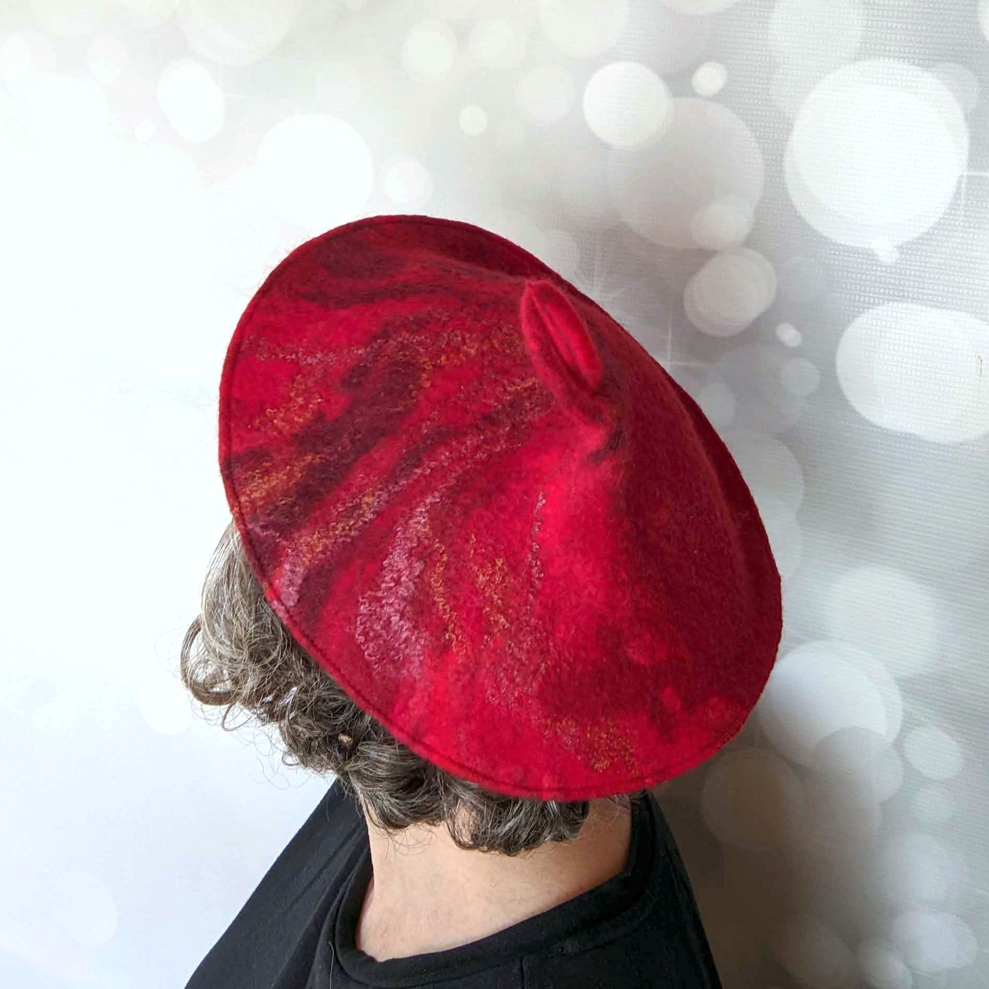 Red Curlicue Beret with Dark Marbling - backview