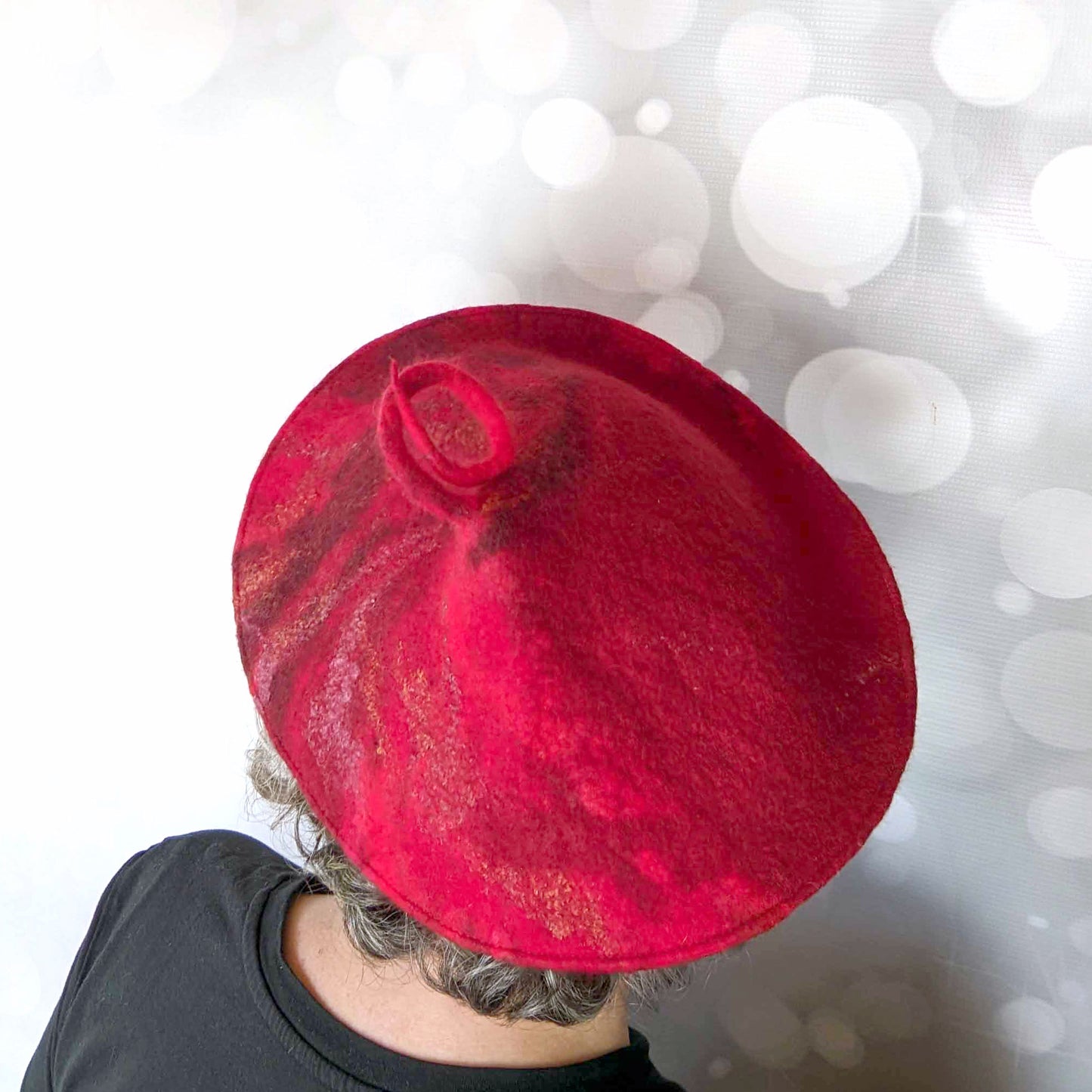 Red Curlicue Beret with Dark Marbling - baclview