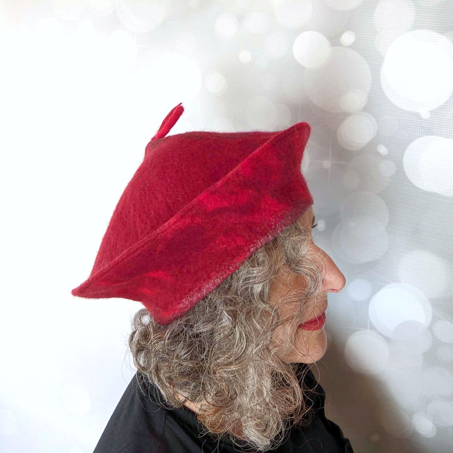 Red Curlicue Beret with Dark Marbling - sideview