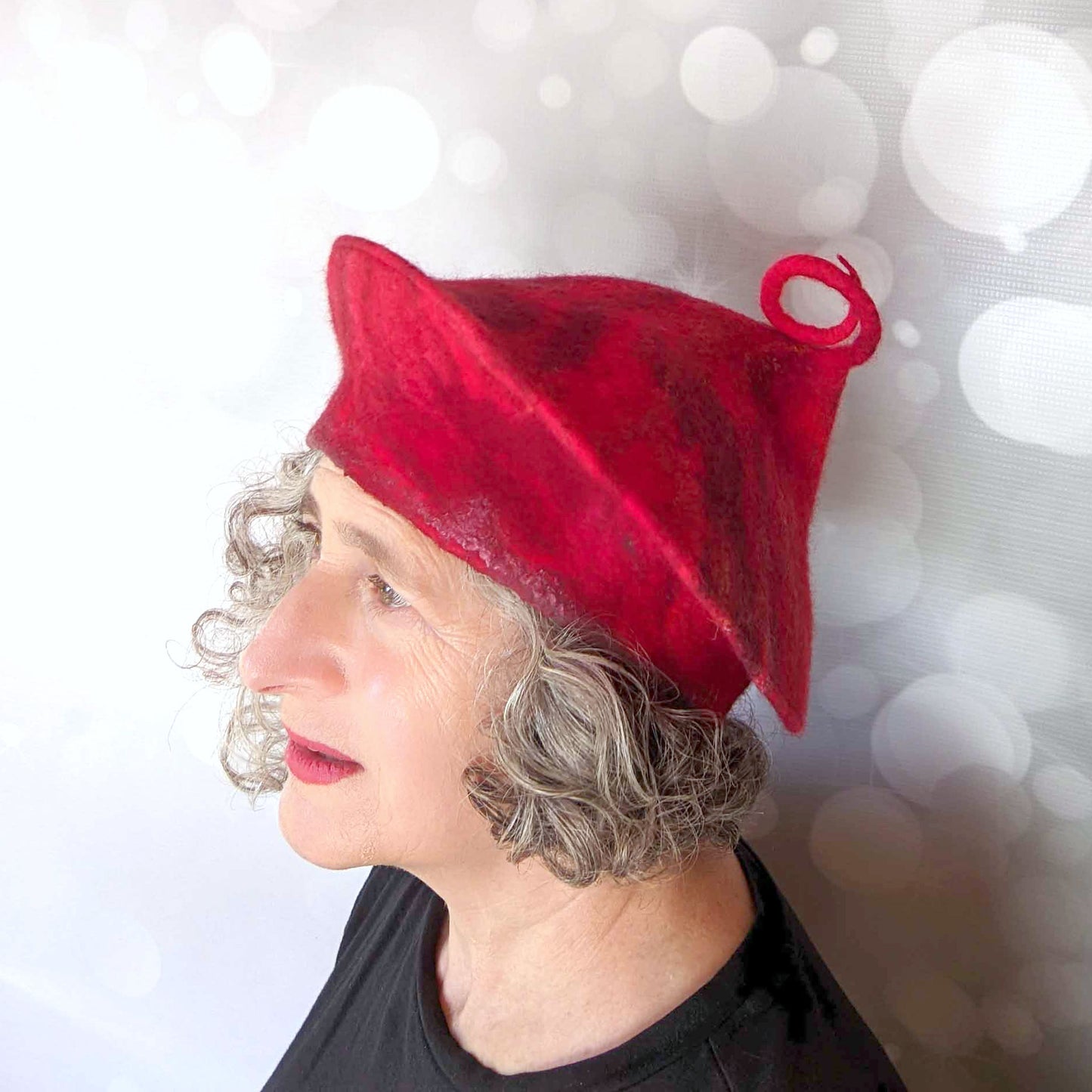 Red Curlicue Beret with Dark Marbling - sideview