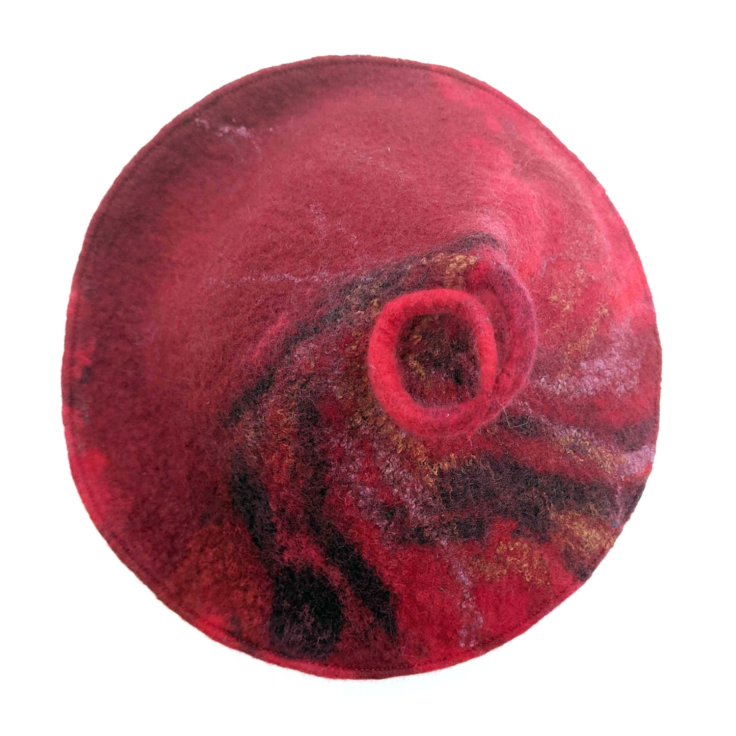 Red Curlicue Beret with Dark Marbling - topview