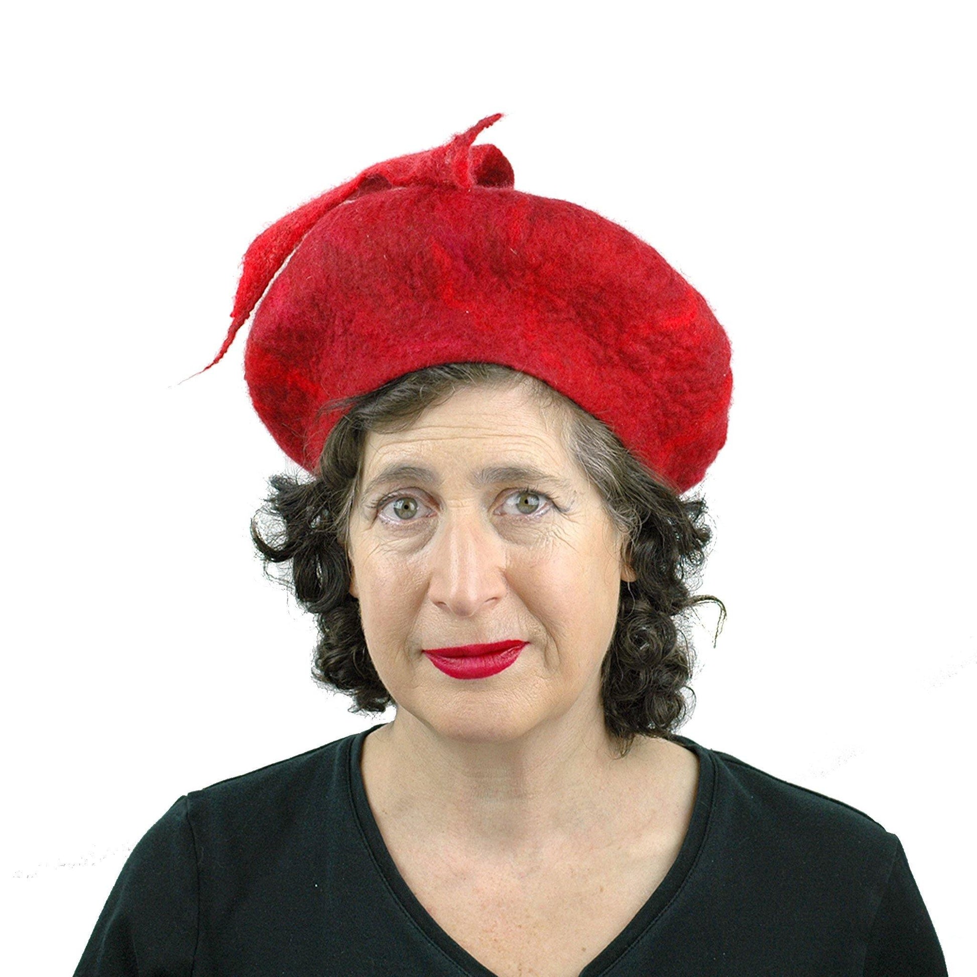 Red Felted Beret with Fishtail - front view
