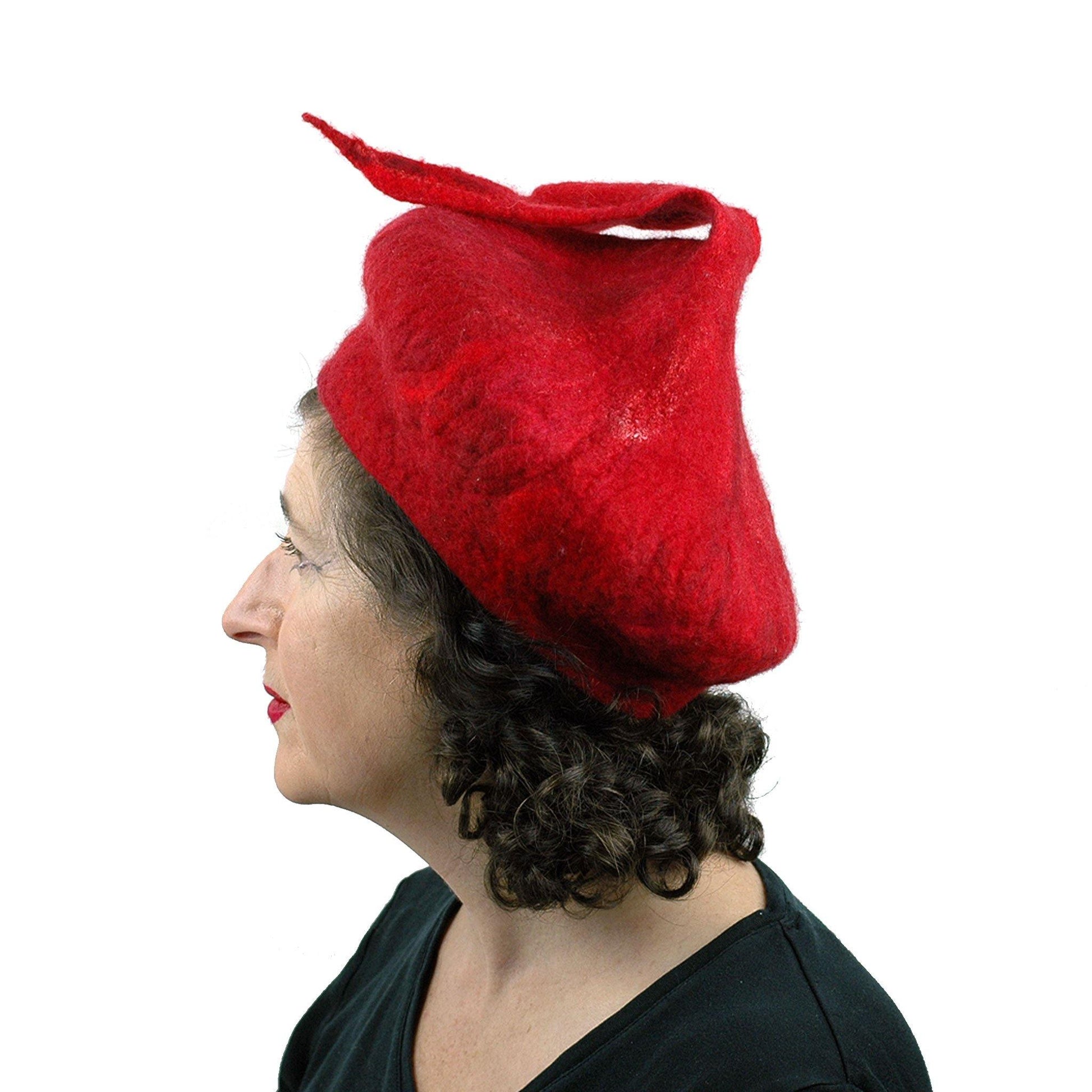 Red Felted Beret with Fishtail - side view