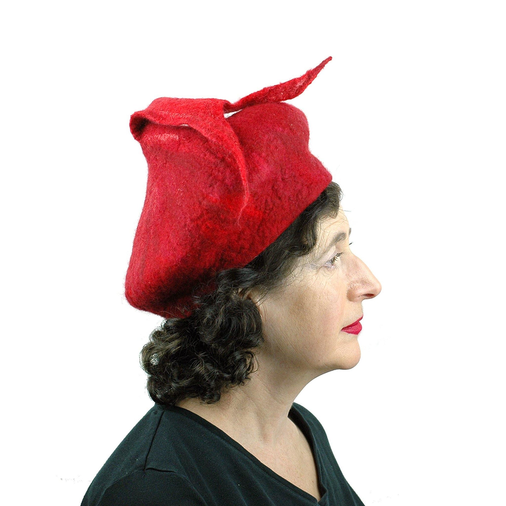 Red Felted Beret with Fishtail - side view