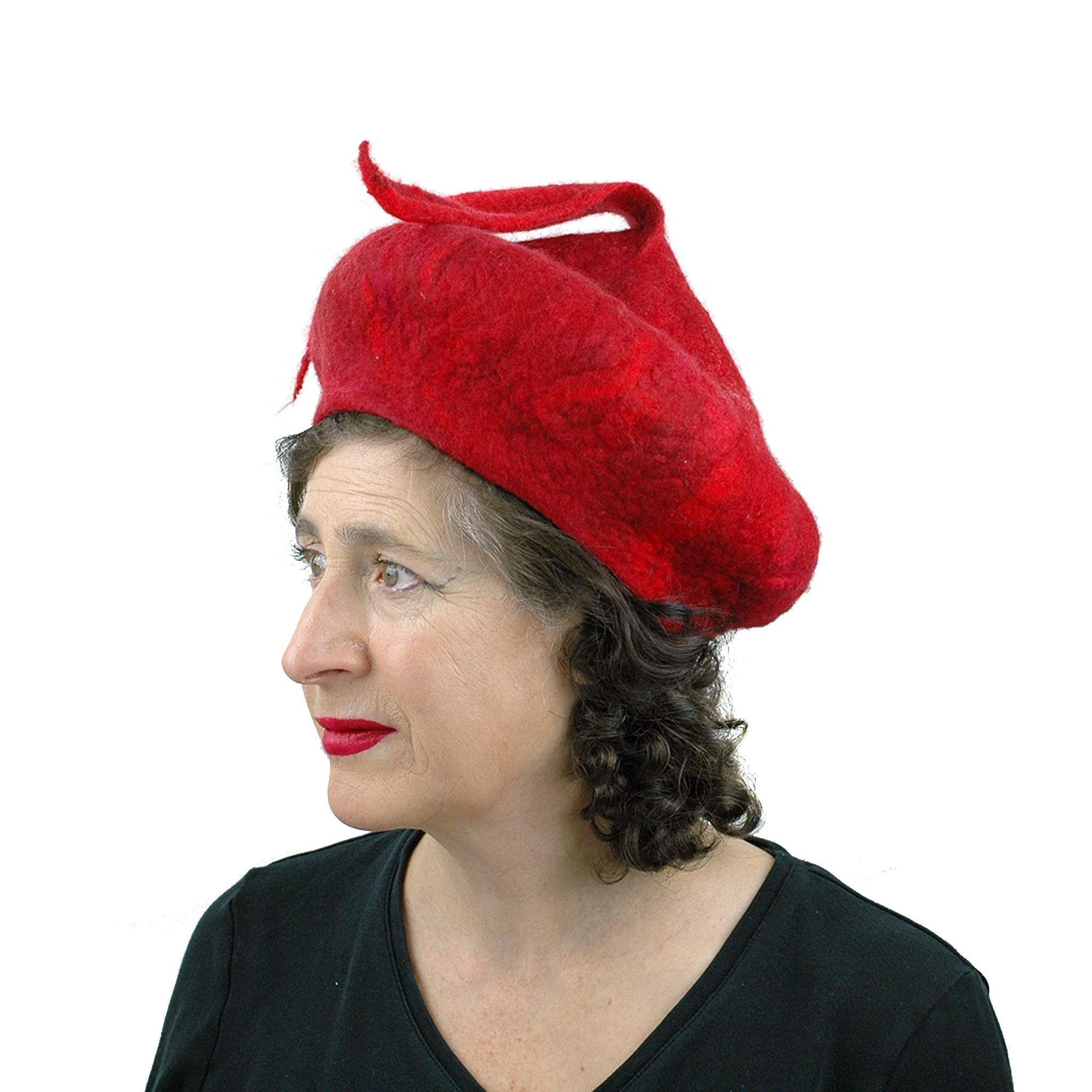 Red Felted Beret with Fishtail - threequarters view
