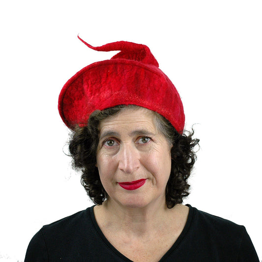 Red Felted Hat with Stylized Fish Tail - front view