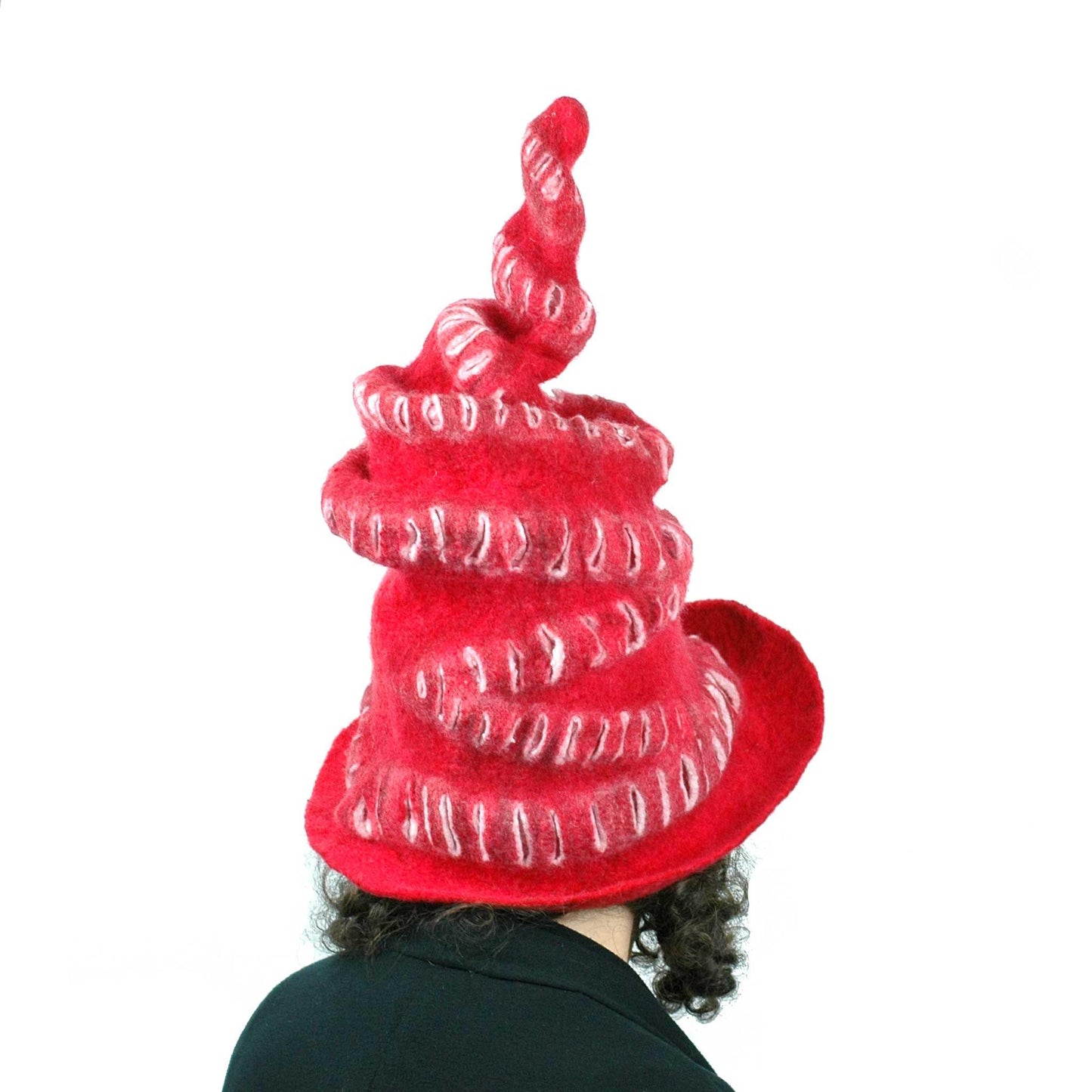 Red Felted Witch Hat with Spiral Point -back view