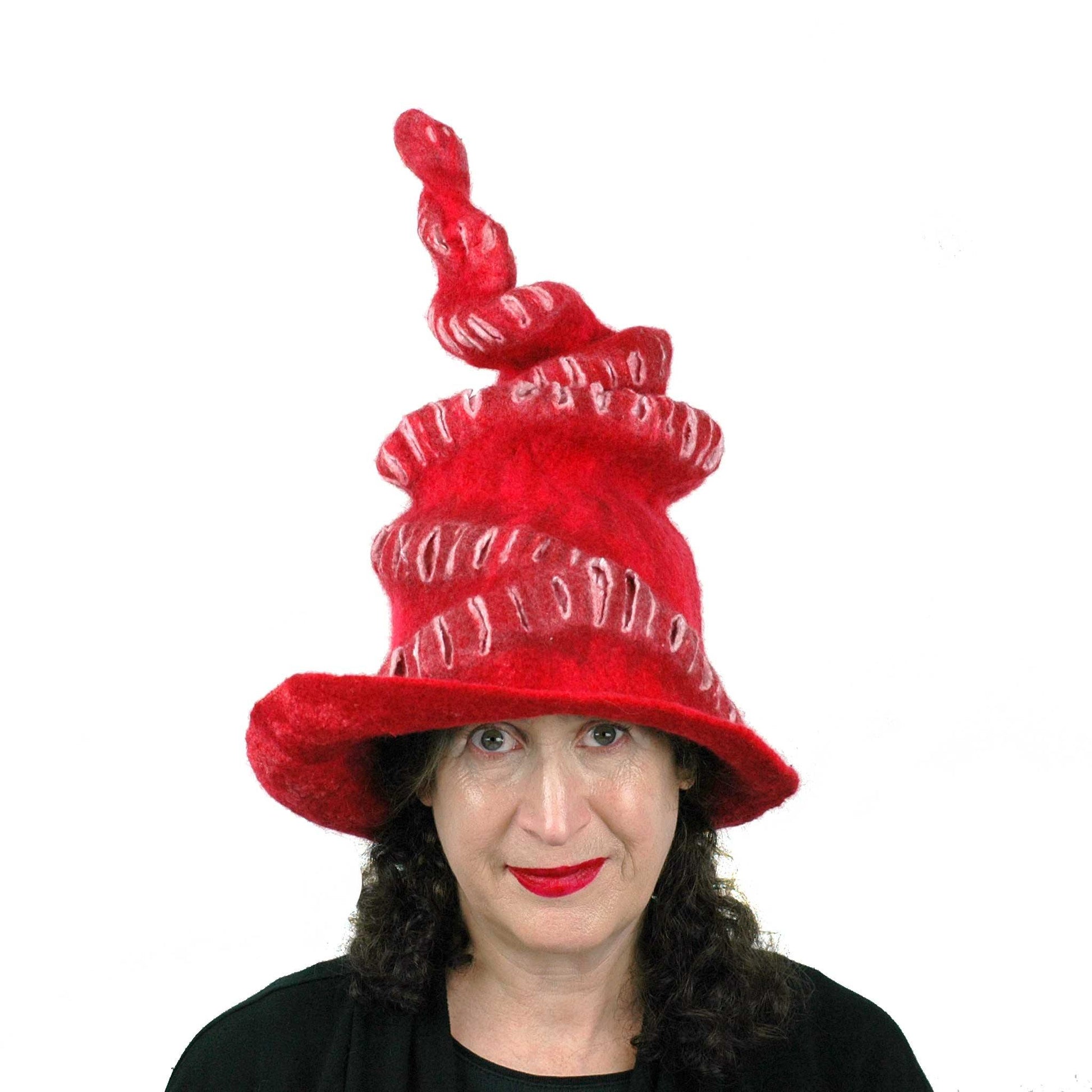 Red Felted Witch Hat with Spiral Point - front view