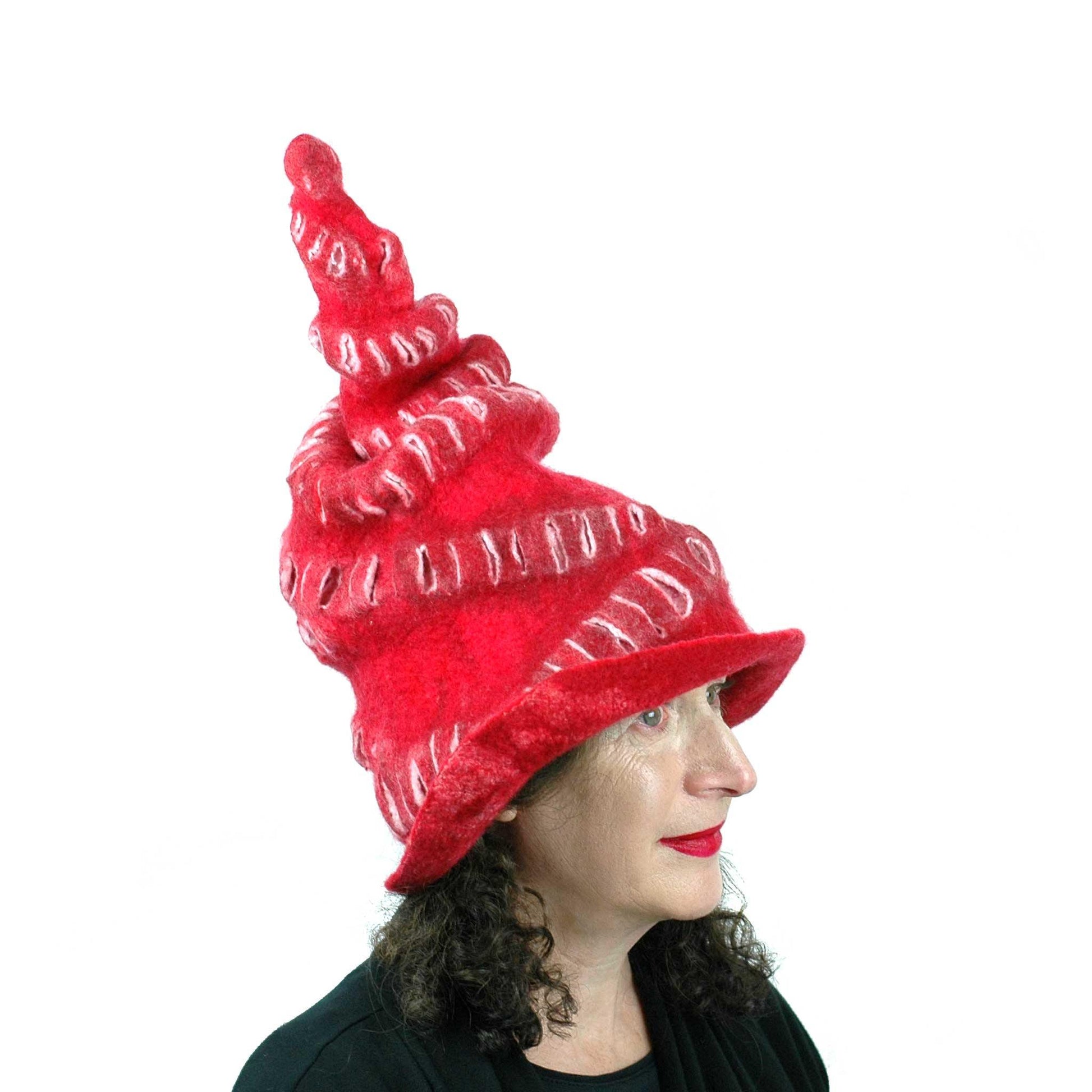 Red Felted Witch Hat with Spiral Point - side view