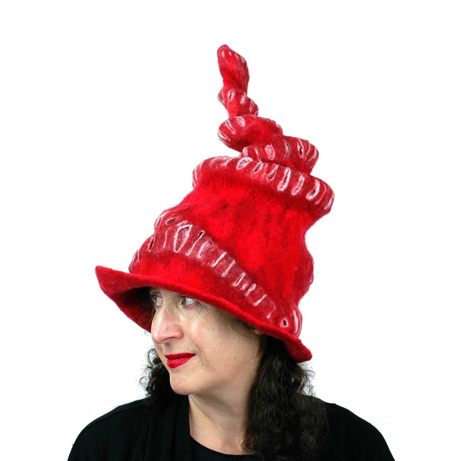 Red Felted Witch Hat with Spiral Point - three quarters view