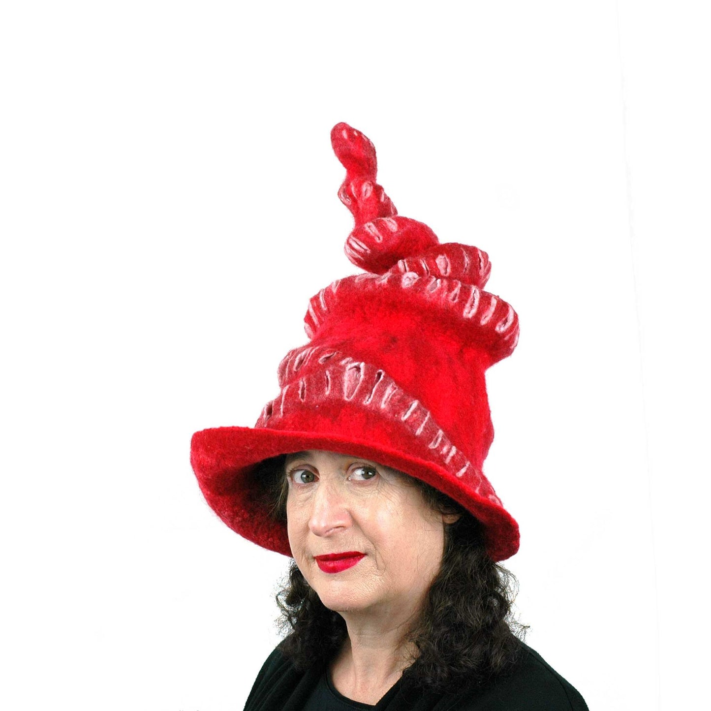 Red Felted Witch Hat with Spiral Point - three quarters view