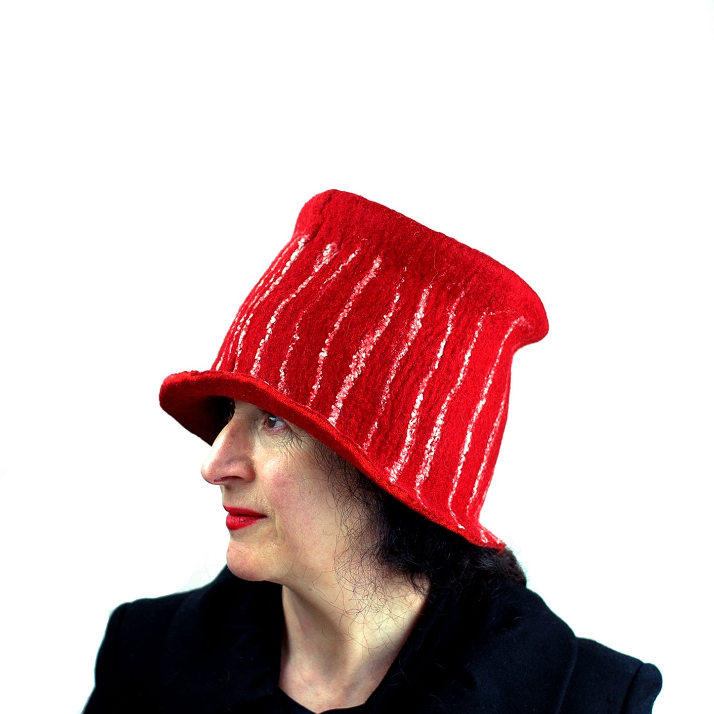 Red Top Hat with White Stripes - profile view