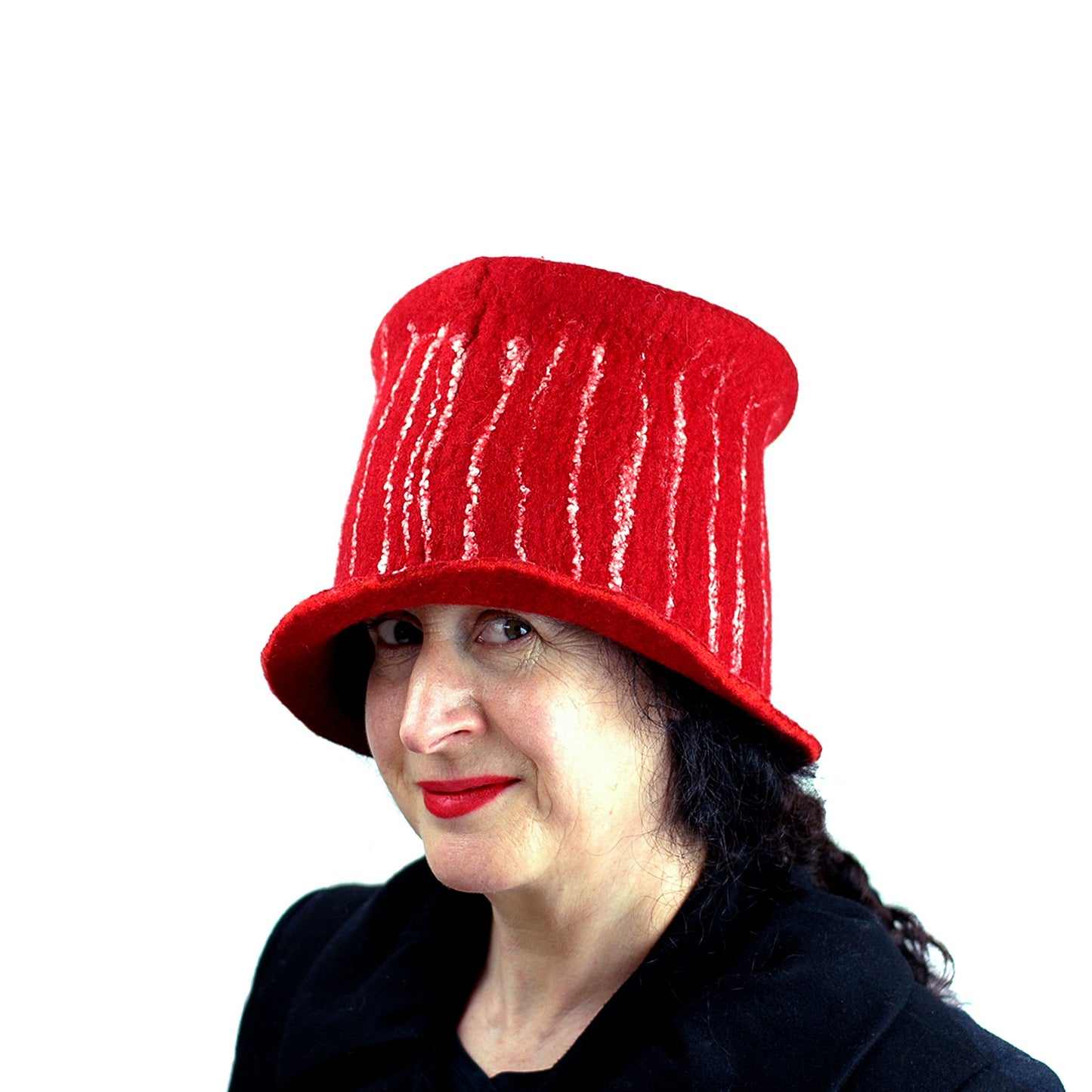 Red Top Hat with White Stripes - three quarters view
