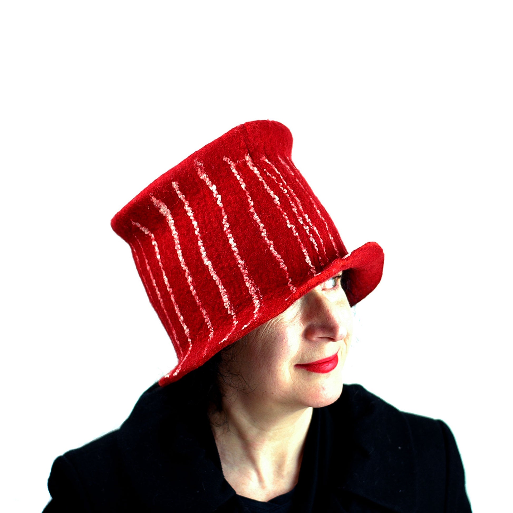 Red Top Hat with White Stripes - three quarters view